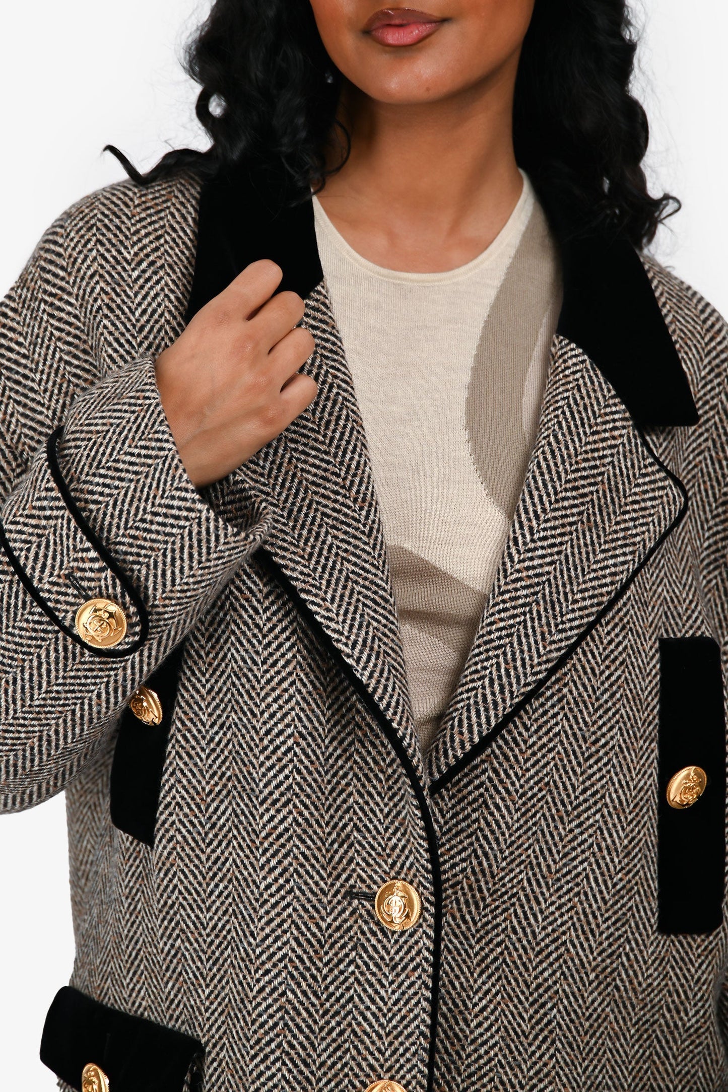 Gucci Grey/Brown Wool Boucle Herringbone 'Caban' Single Breasted Jacket Size 42