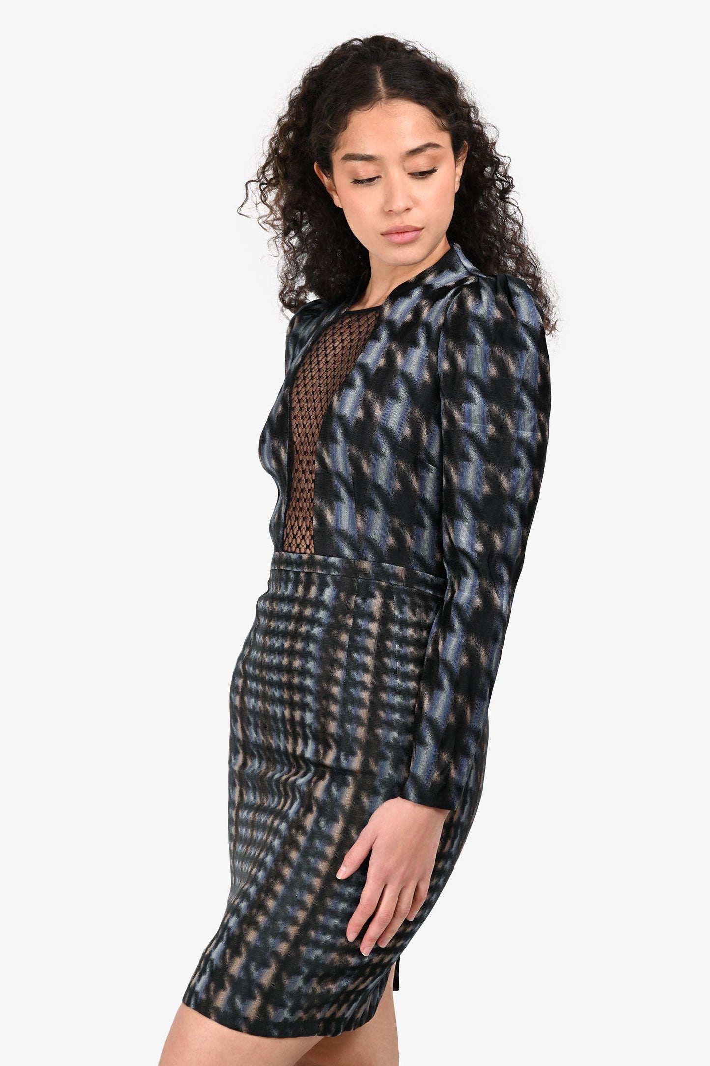 Gucci Blue/Black Silk Mesh Cutout Long Sleeve Midi Dress Size 38