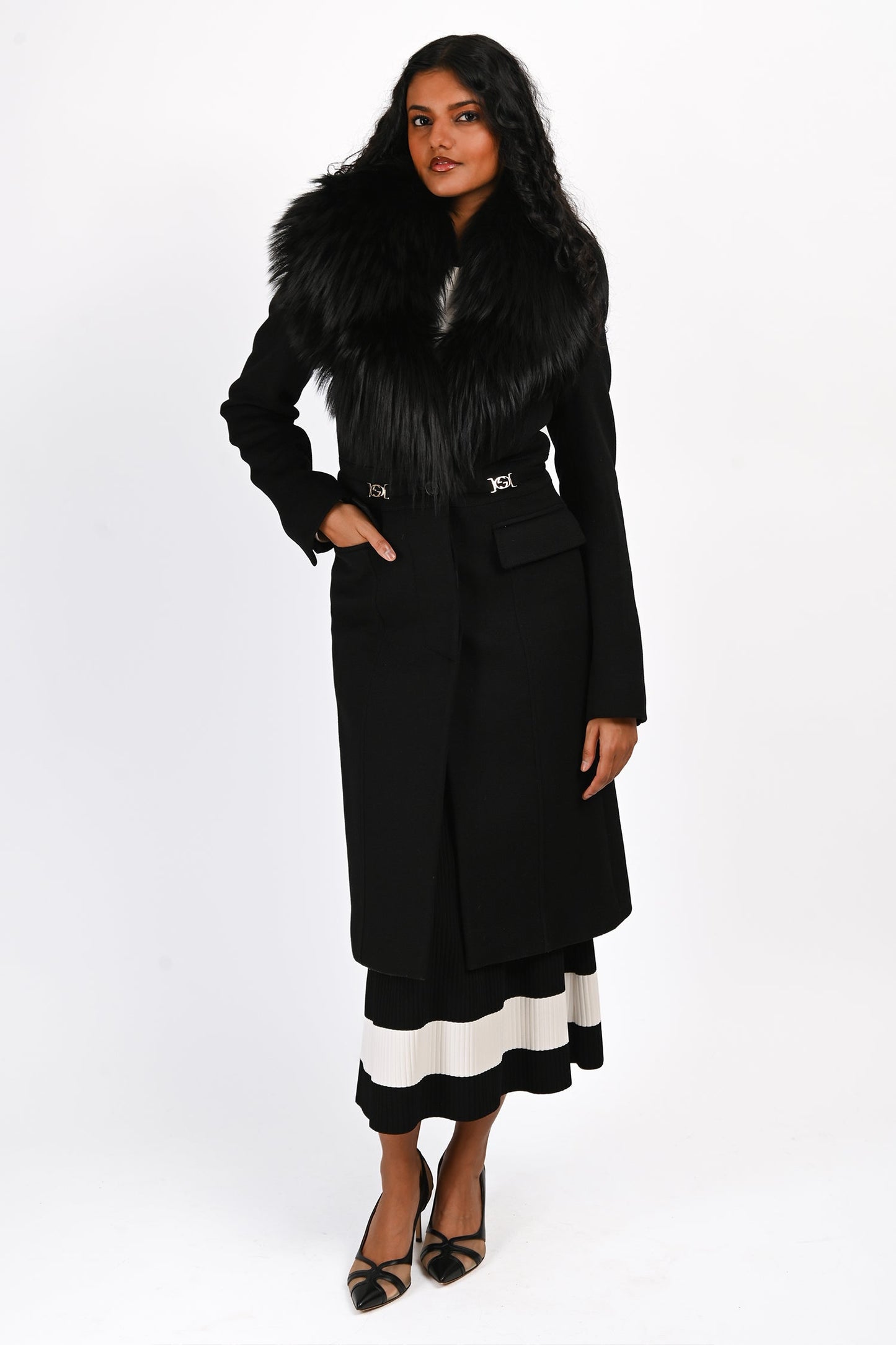 Gucci Black Wool Detachable Faux Fur Collar Midi Coat Size 38