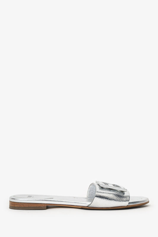 Fendi Silver Metallic Leather Baguette Slide Sandal Size 37