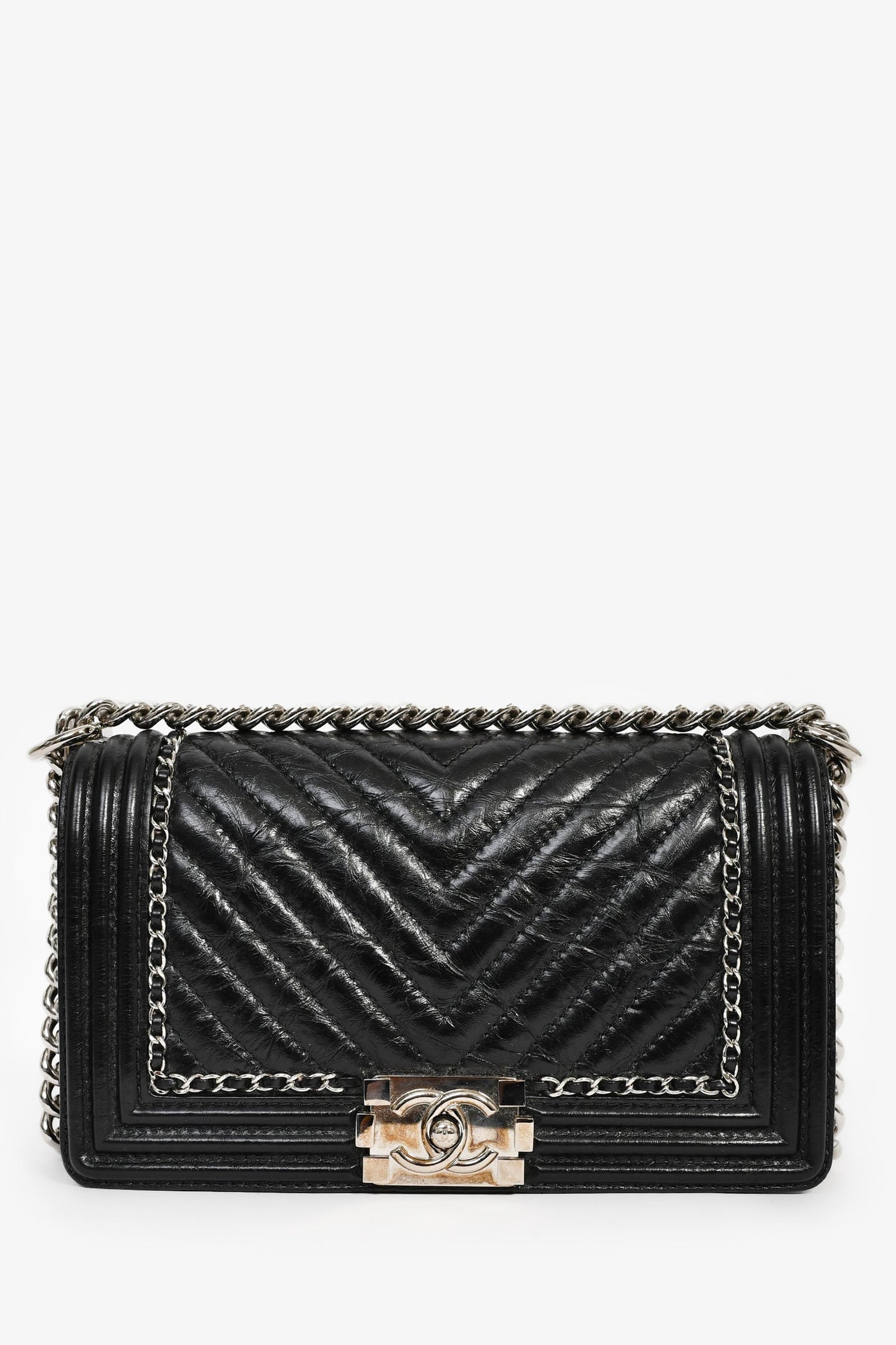 Chanel™ 2017 Black Leather Chevron Medium Boy Bag