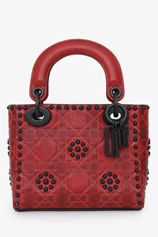Christian Dior 2018 Red Leather Studded Mini Lady Dior Top Handle with Chain