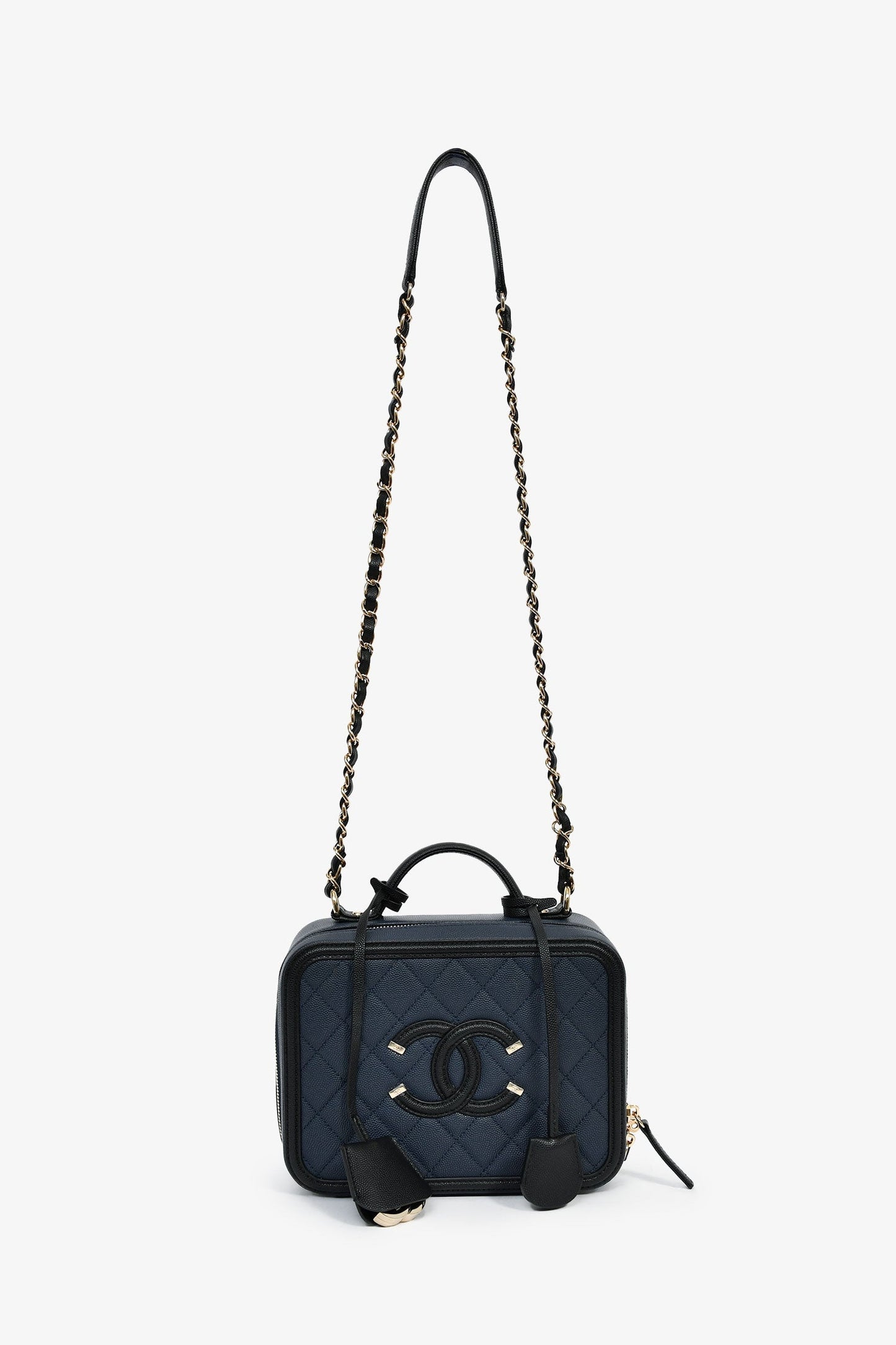 Chanel™ 2019 Black/Navy Medium Filigree Vanity Case Bag