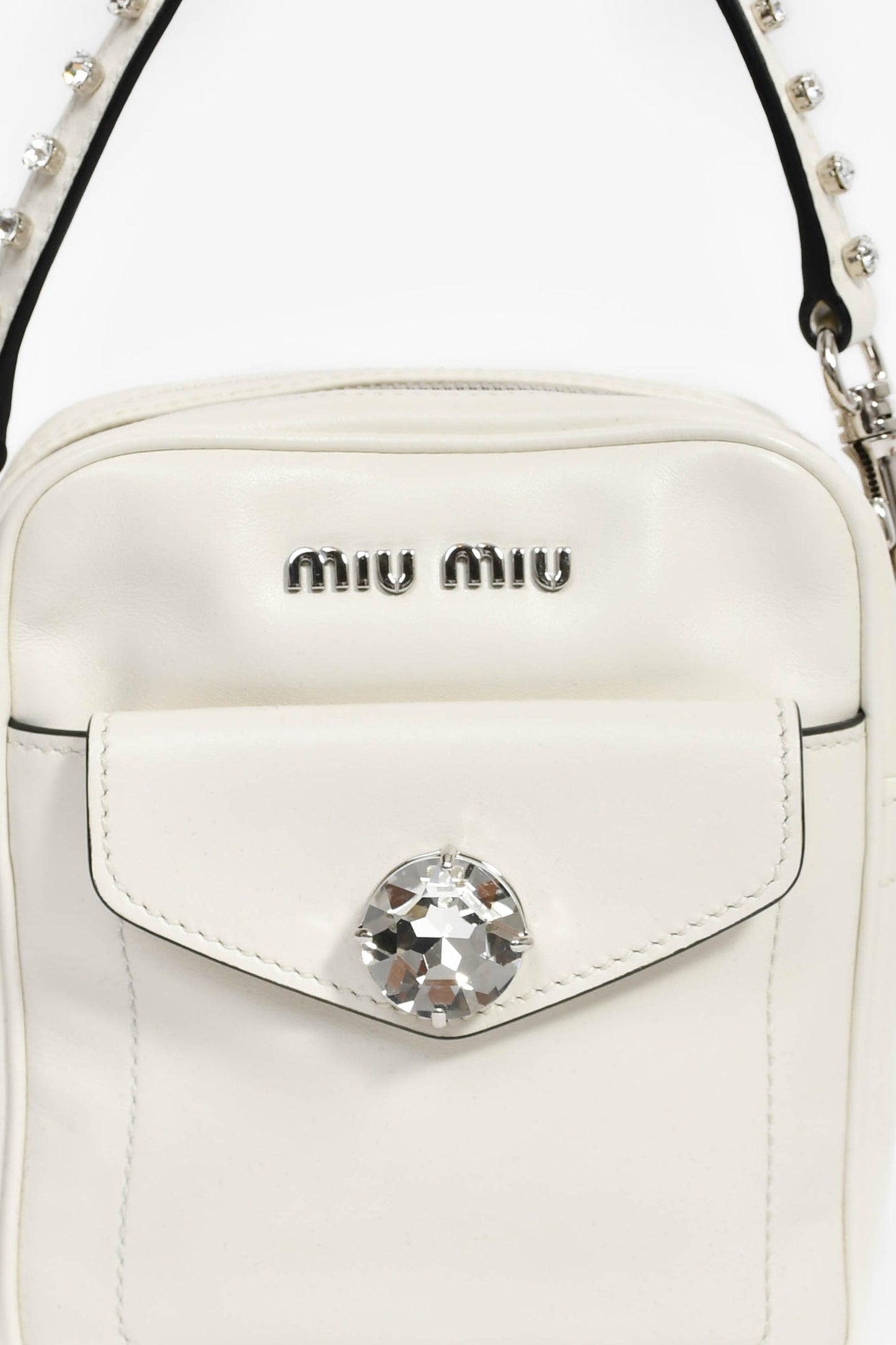 Miu Miu White Leather Crystal Embellished Top Handle