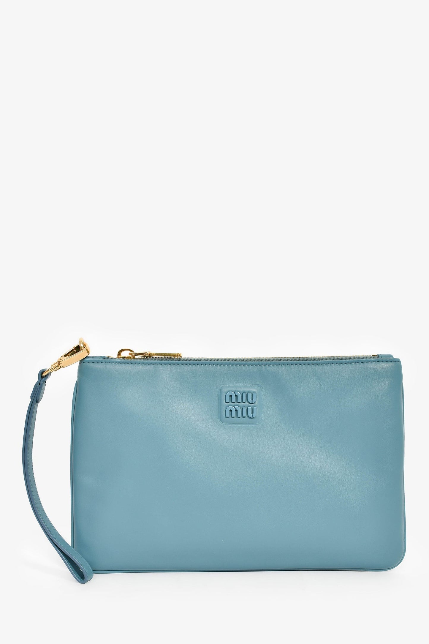 Miu Miu Blue Leather Logo Zip Pouch