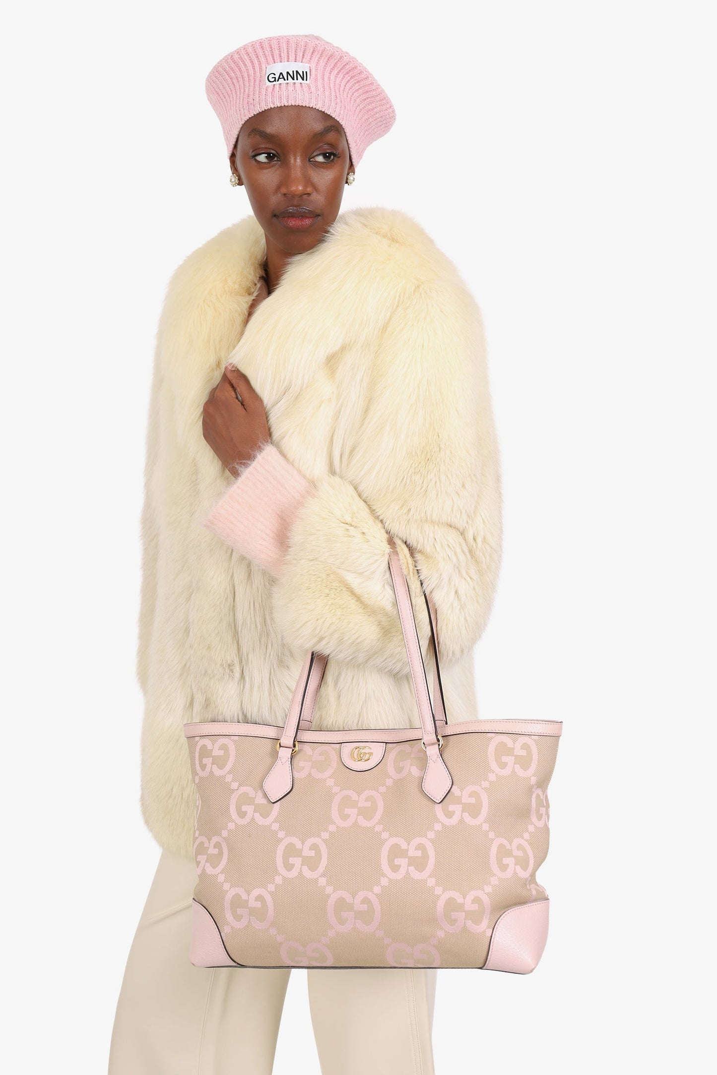 Gucci Beige/Pink Jumbo GG Medium Ophidia Tote