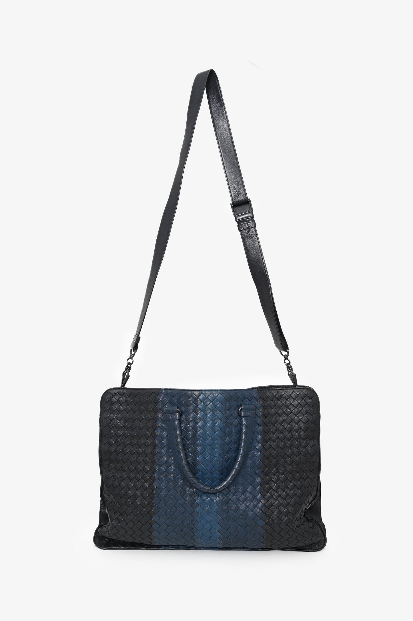 Bottega Veneta Black/Blue Intrecciato Leather Briefcase with Strap