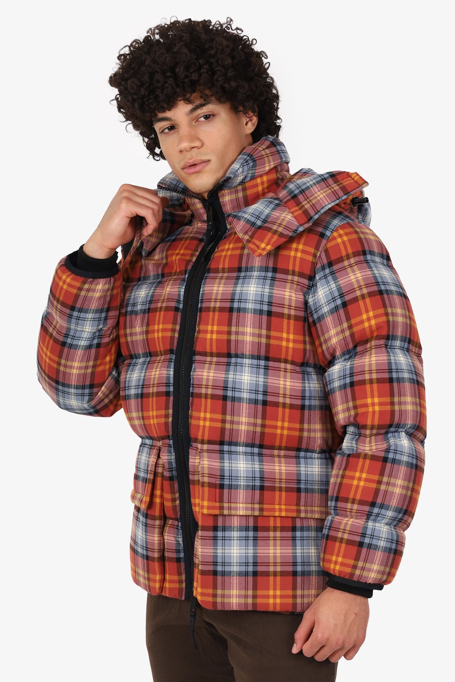 Burberry Red Quilted Checked Cotton-Twill Down Hooded Jacket Size S Mens