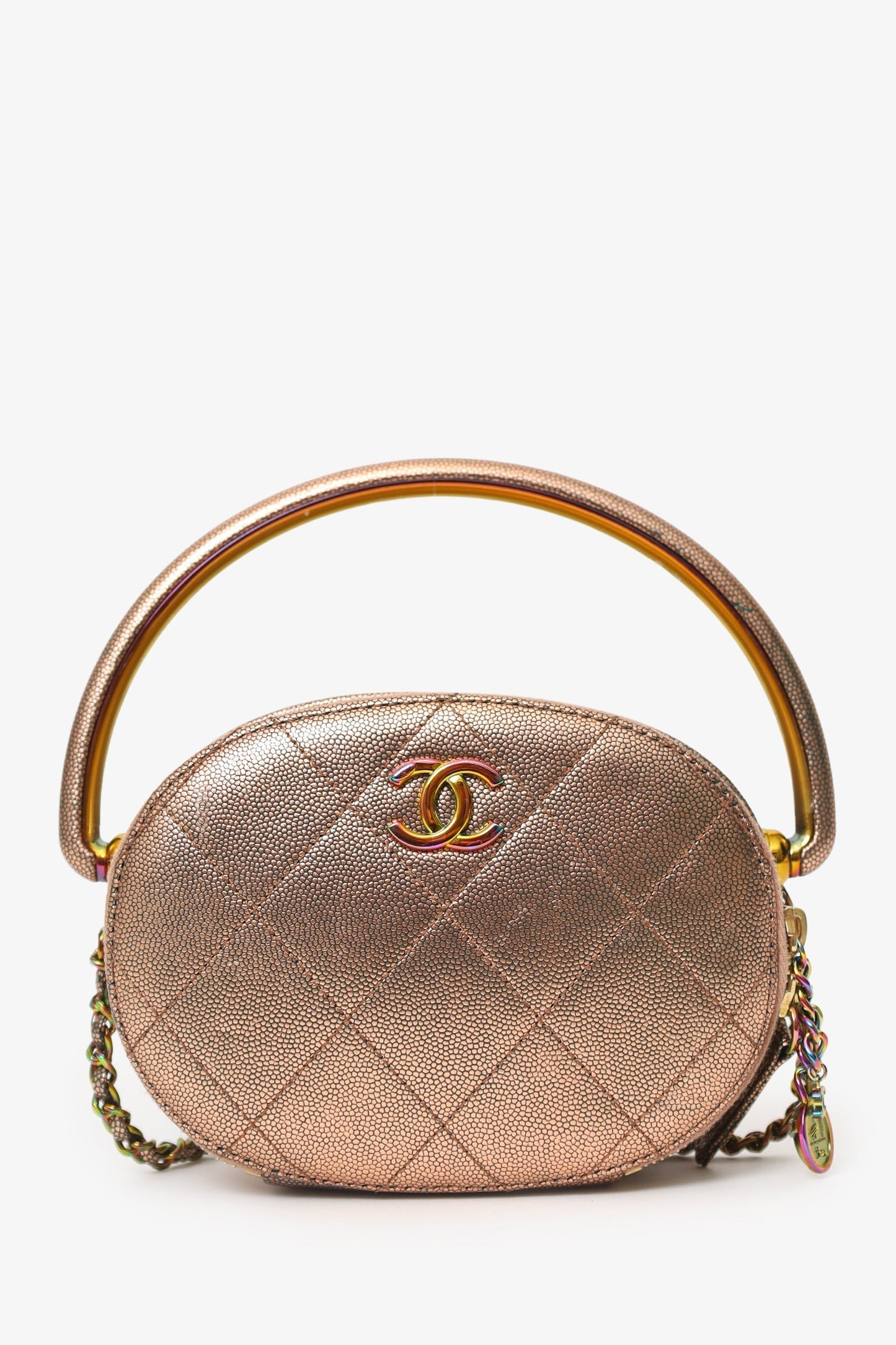 Chanel™ 2019 Brown Metallic Quilted Caviar Egyptian Amulet Top Handle Camera Case