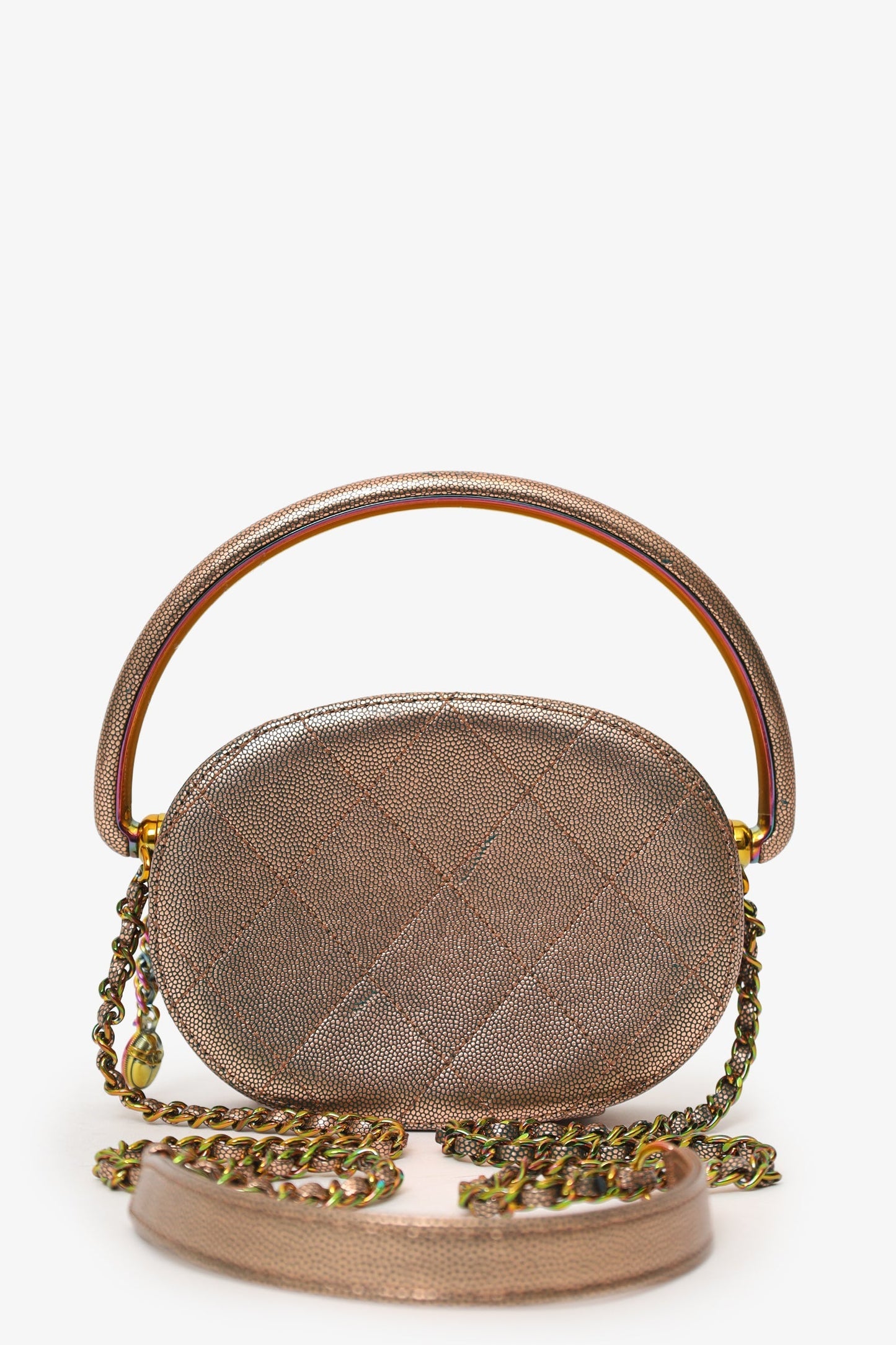 Chanel™ 2019 Brown Metallic Quilted Caviar Egyptian Amulet Top Handle Camera Case