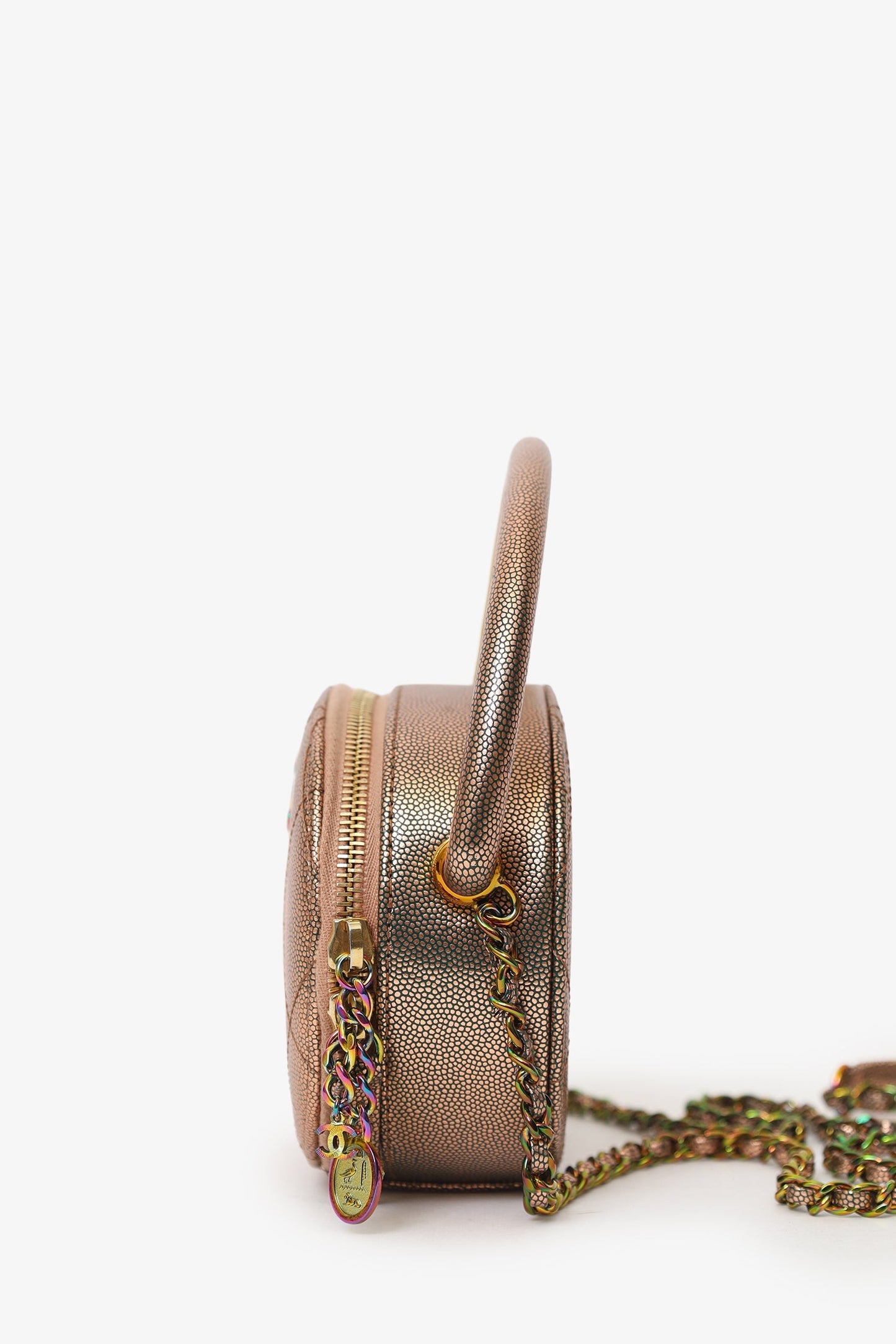 Chanel™ 2019 Brown Metallic Quilted Caviar Egyptian Amulet Top Handle Camera Case