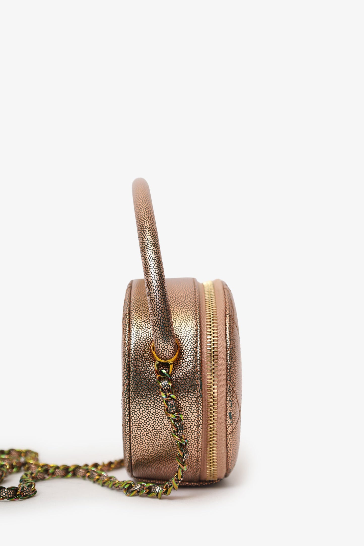 Chanel™ 2019 Brown Metallic Quilted Caviar Egyptian Amulet Top Handle Camera Case