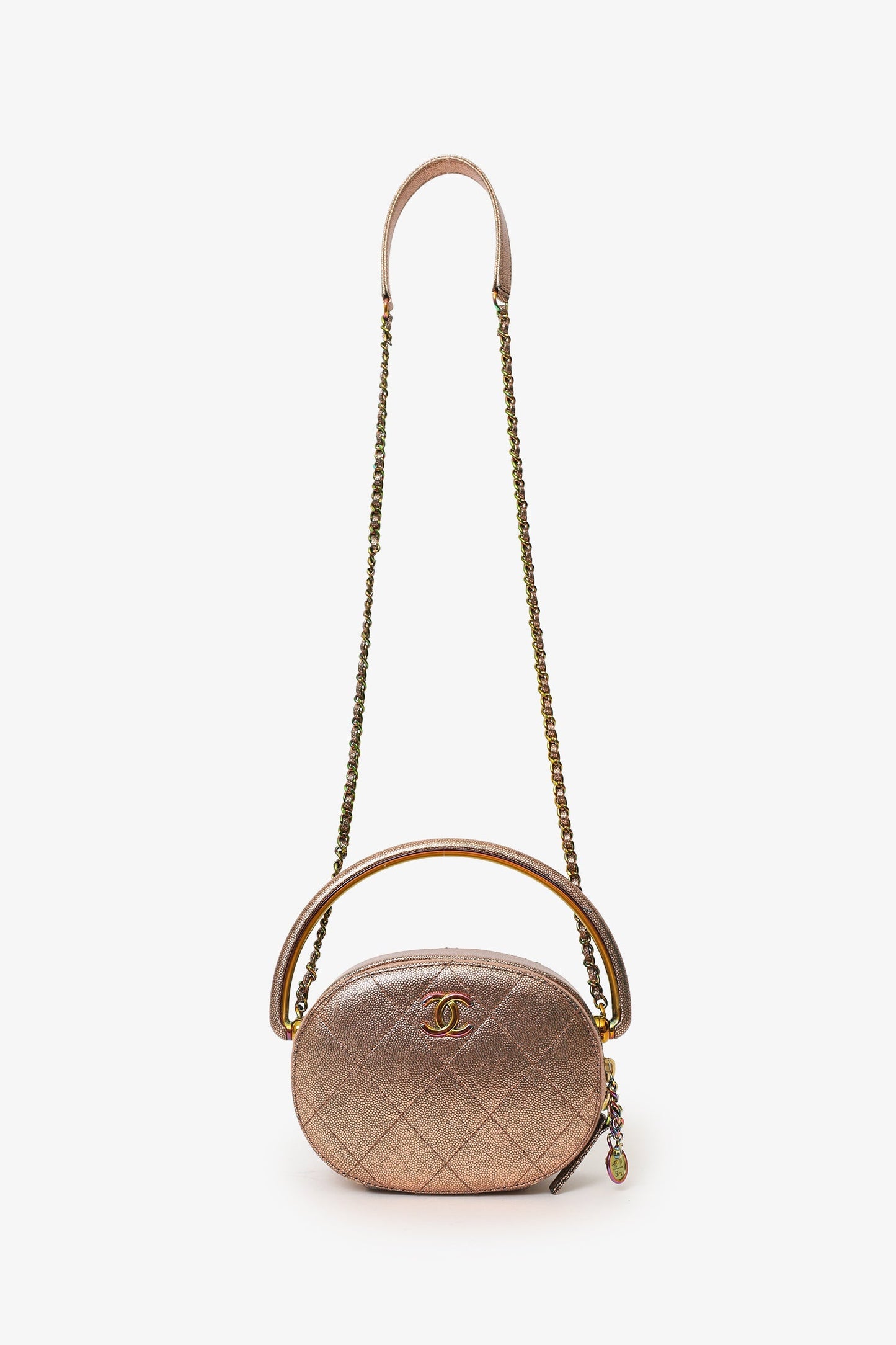 Chanel™ 2019 Brown Metallic Quilted Caviar Egyptian Amulet Top Handle Camera Case