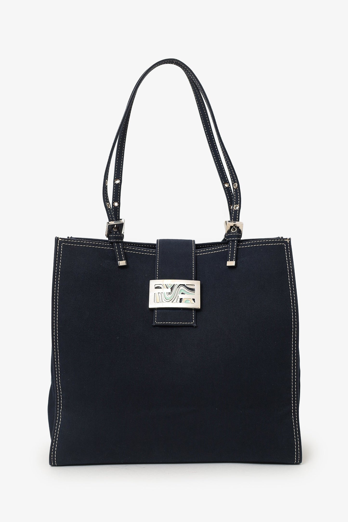 Fendi Blue Denim Baguette Buckle Square Tote Square