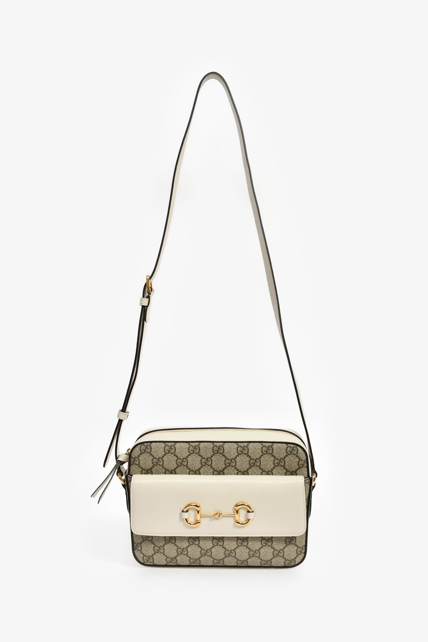 Gucci White Leather GG Supreme Horsebit 1955 Crossbody Bag