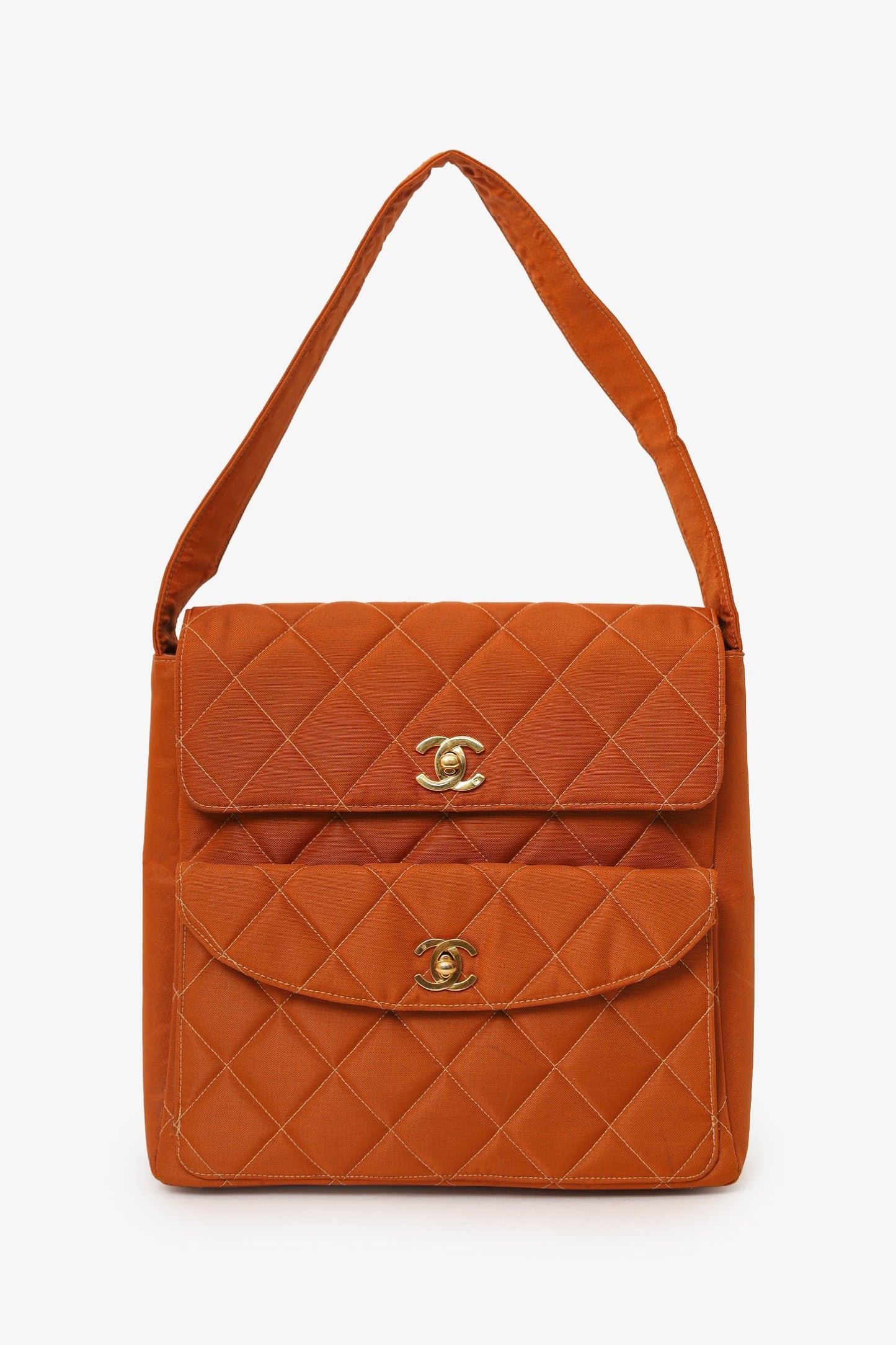Chanel™ 1996-97 Orange Nylon Quilted Two Pocket Shoulder Bag