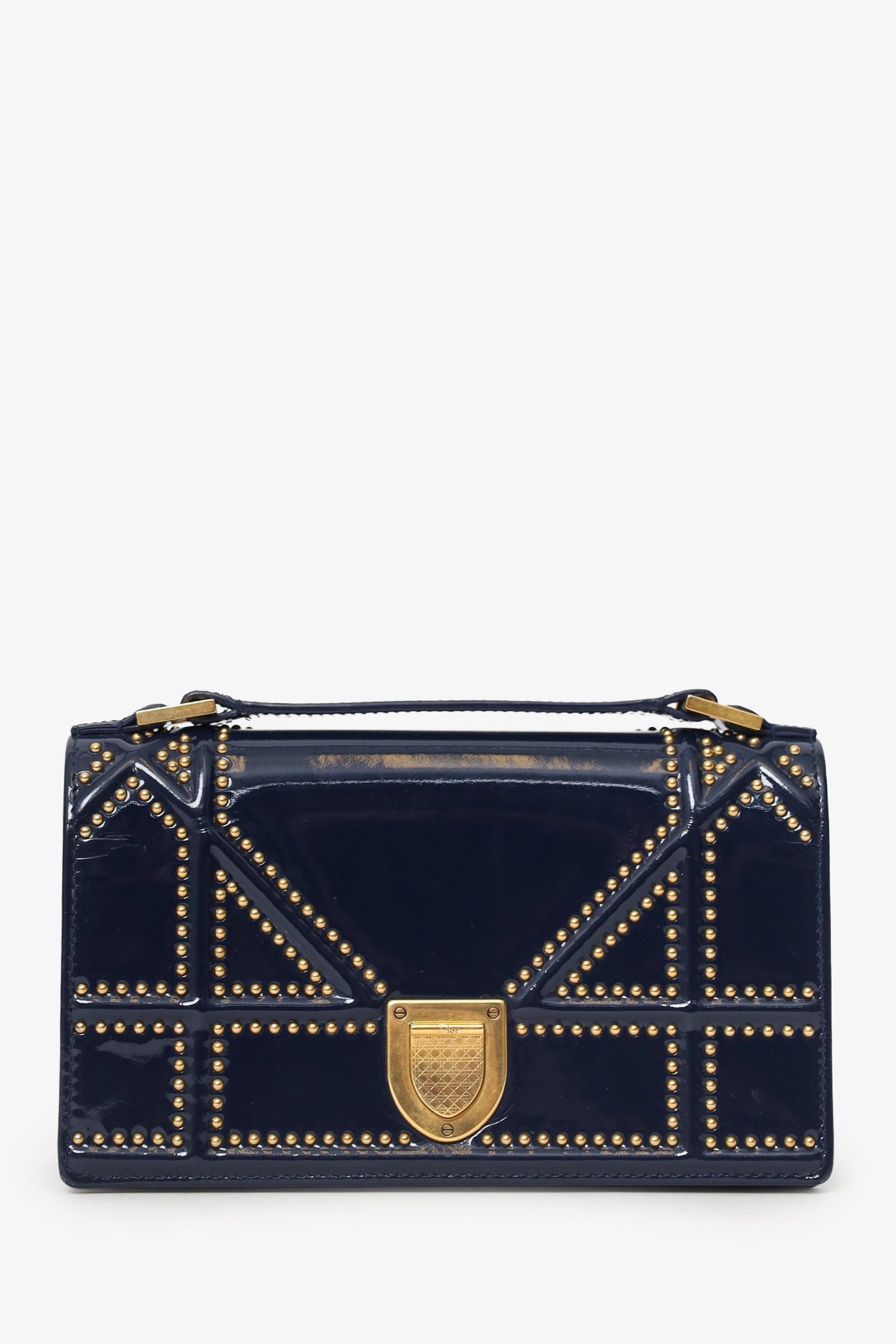 Christian Dior 2017 Navy Patent Studded Mini Diorama Top Handle Bag With Pouch