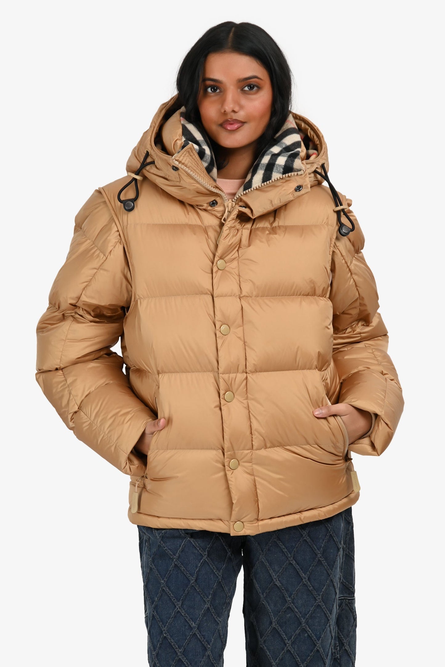 Burberry London Tan Hooded Removable Sleeve Puffer Jacket Size S Mens