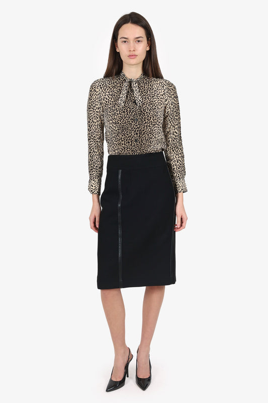 Burberry London Black Leather Trim Knee Length Skirt Size 14