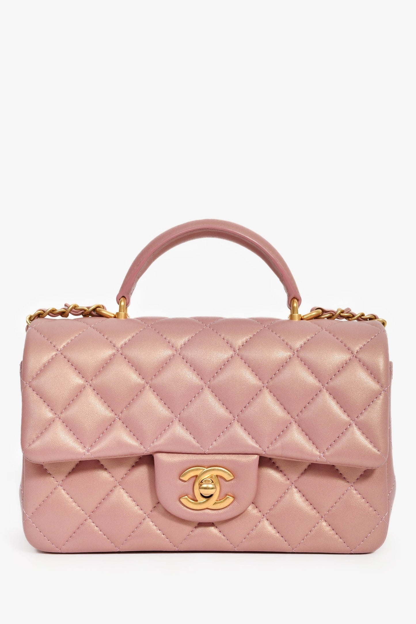 Chanel™ 2021P Rose Iridescent Quilted Lambskin Mini Rectangle Top Handle