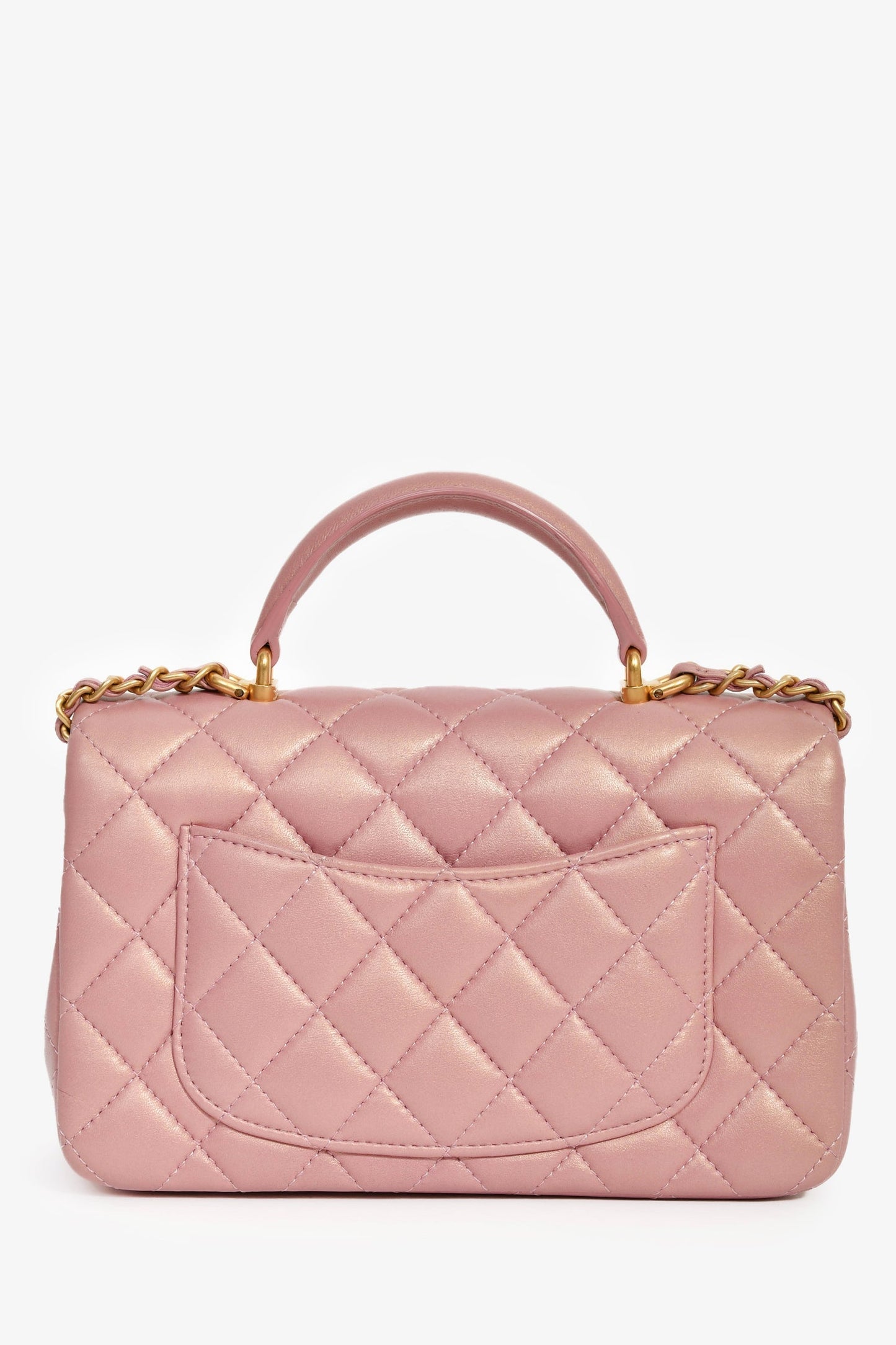 Chanel™ 2021P Rose Iridescent Quilted Lambskin Mini Rectangle Top Handle