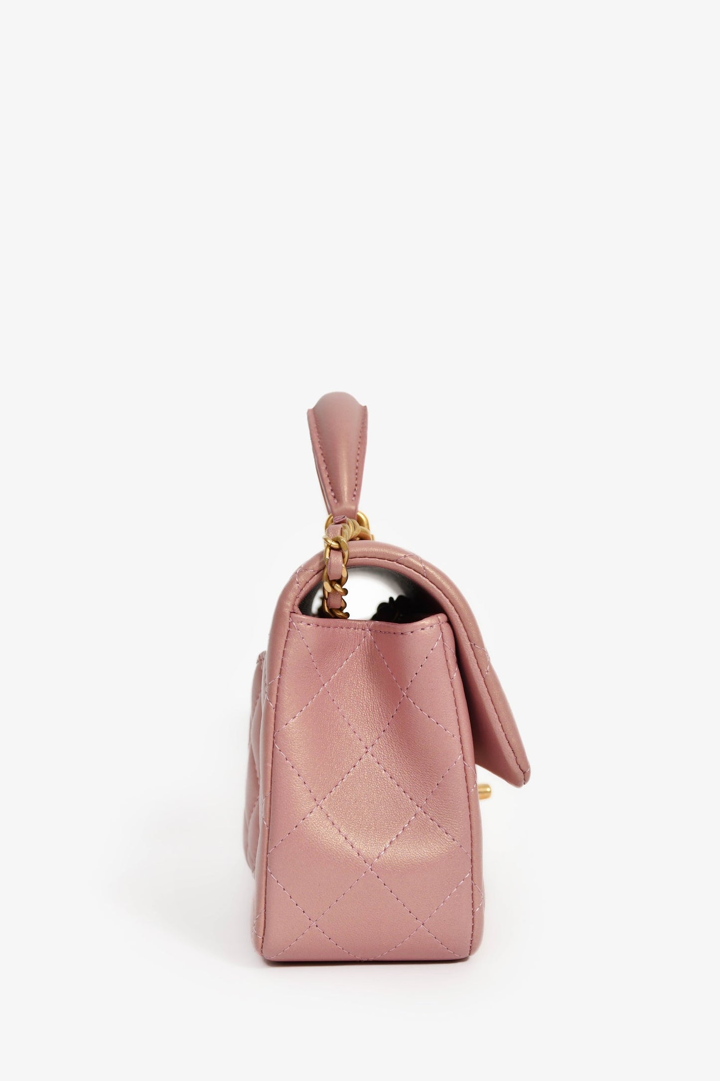 Chanel™ 2021P Rose Iridescent Quilted Lambskin Mini Rectangle Top Handle