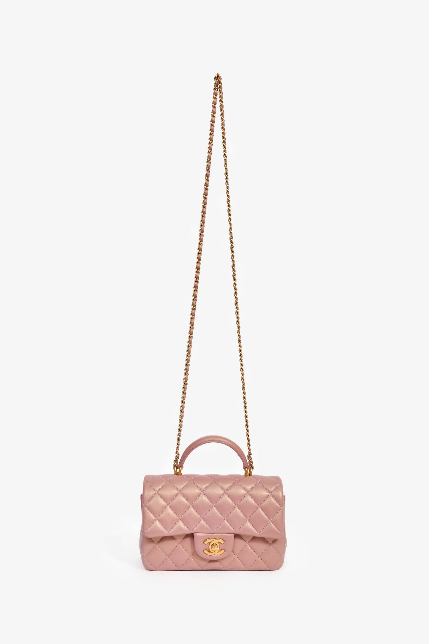 Chanel™ 2021P Rose Iridescent Quilted Lambskin Mini Rectangle Top Handle