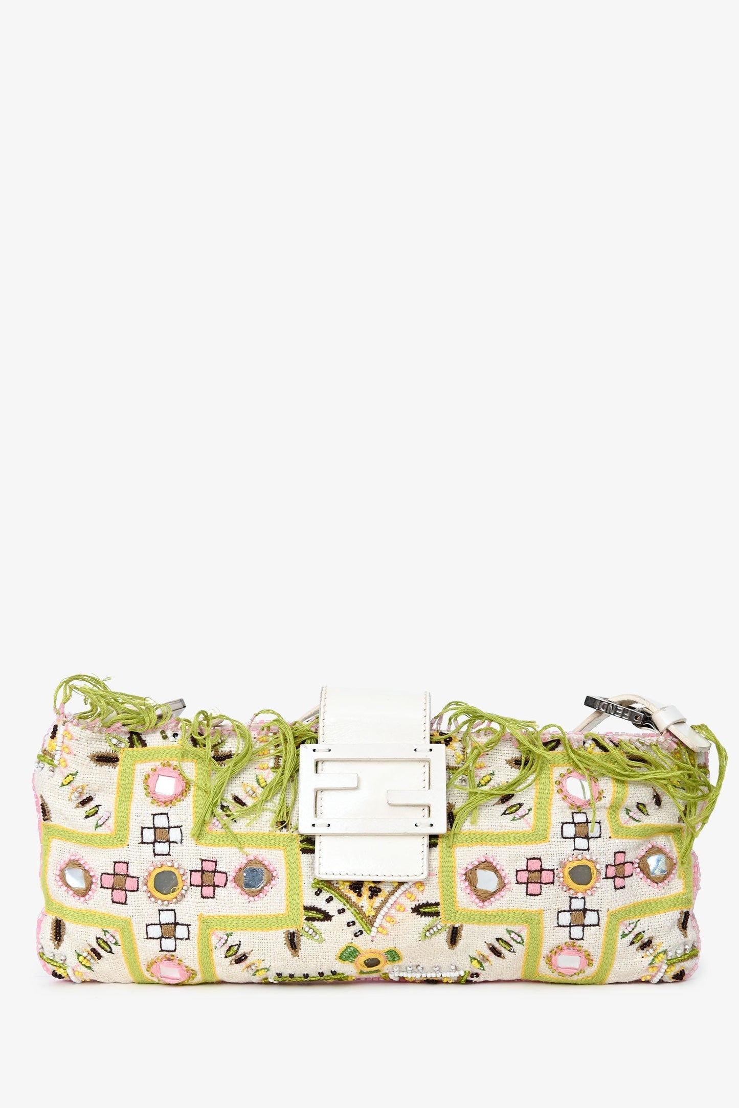 Fendi Limited Edition White/Green Fringe Beaded Embroidery Baguette Pochette