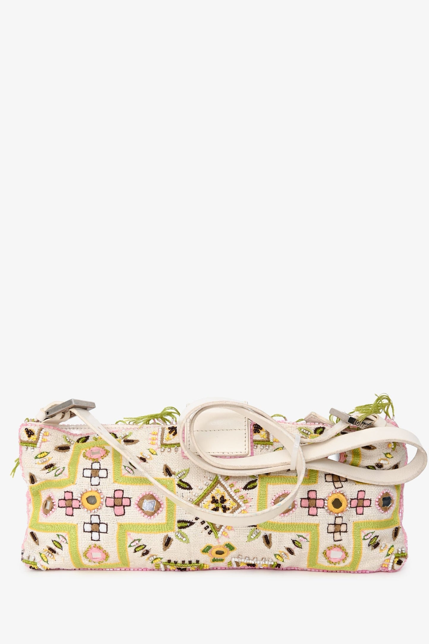 Fendi Limited Edition White/Green Fringe Beaded Embroidery Baguette Pochette