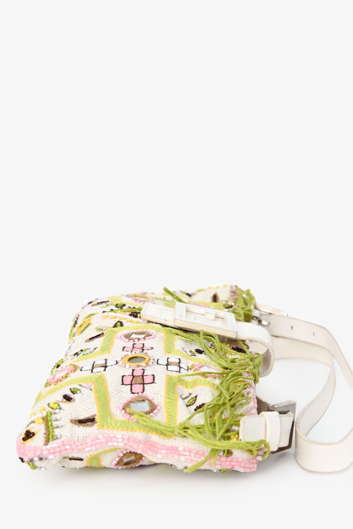 Fendi Limited Edition White/Green Fringe Beaded Embroidery Baguette Pochette