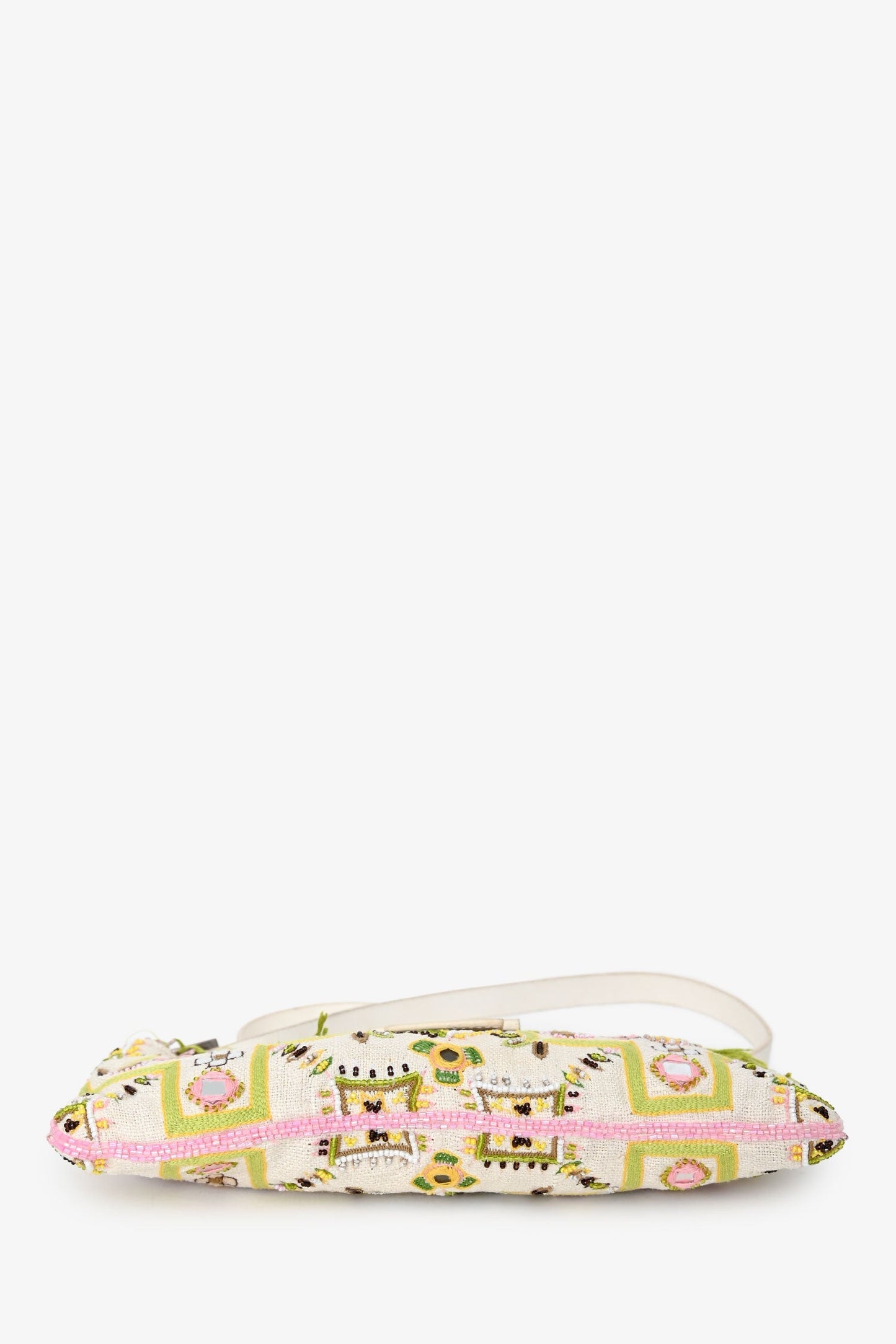 Fendi Limited Edition White/Green Fringe Beaded Embroidery Baguette Pochette