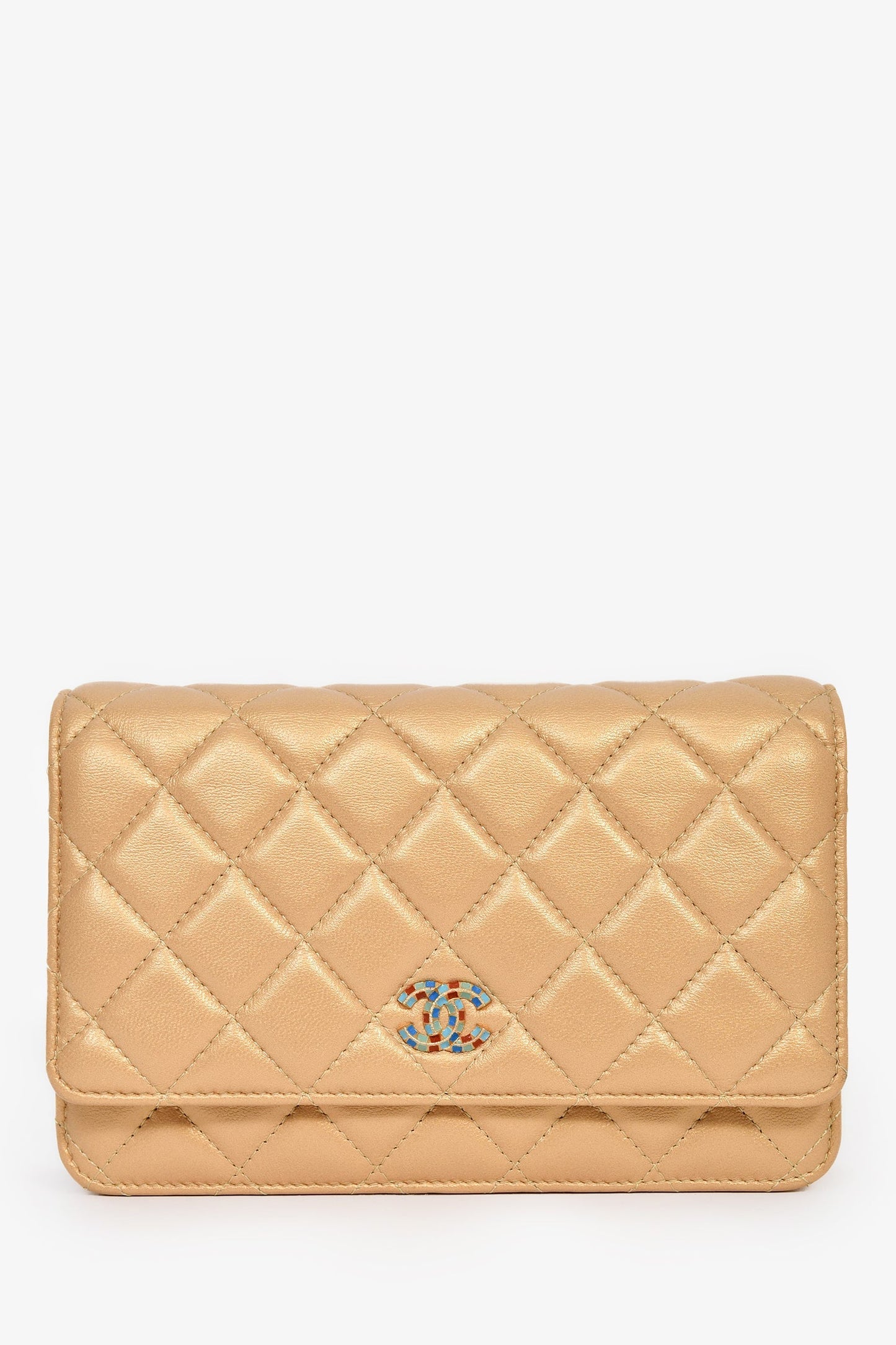 Chanel™ 2019 Gold Metallic Enamel CC Logo Wallet On Chain