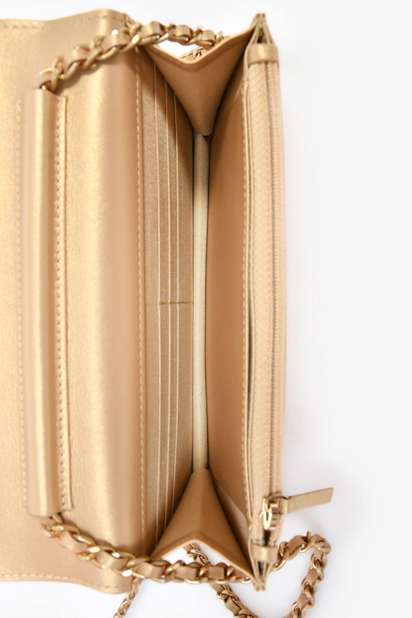 Chanel™ 2019 Gold Metallic Enamel CC Logo Wallet On Chain