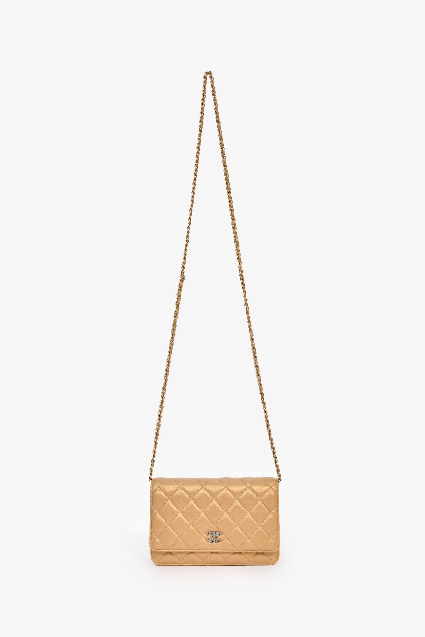Chanel™ 2019 Gold Metallic Enamel CC Logo Wallet On Chain