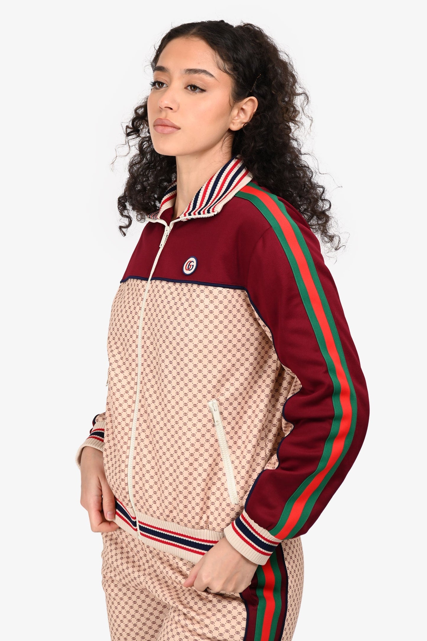Gucci Cream/Burgundy GG Web Sleeve Zip Up Track Jacket Size XS