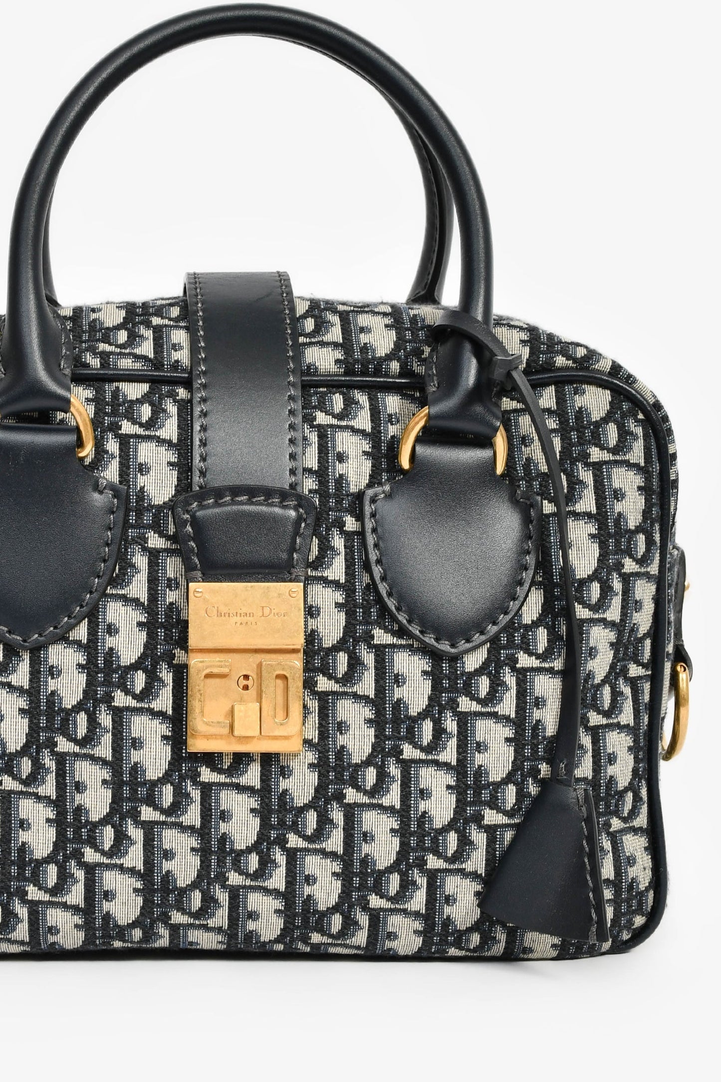 Christian Dior 2017 Navy Oblique Jacquard Bowling Bag with Strap