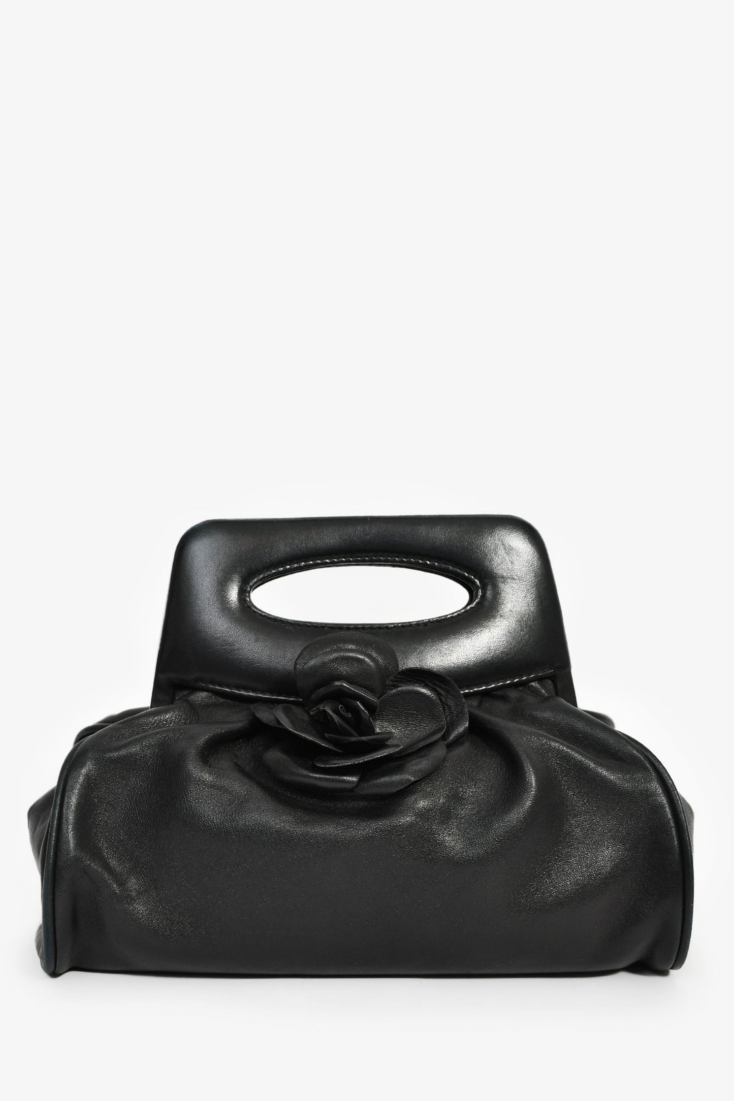 Chanel™ Vintage Black Leather Camellia Frame Clutch Bag