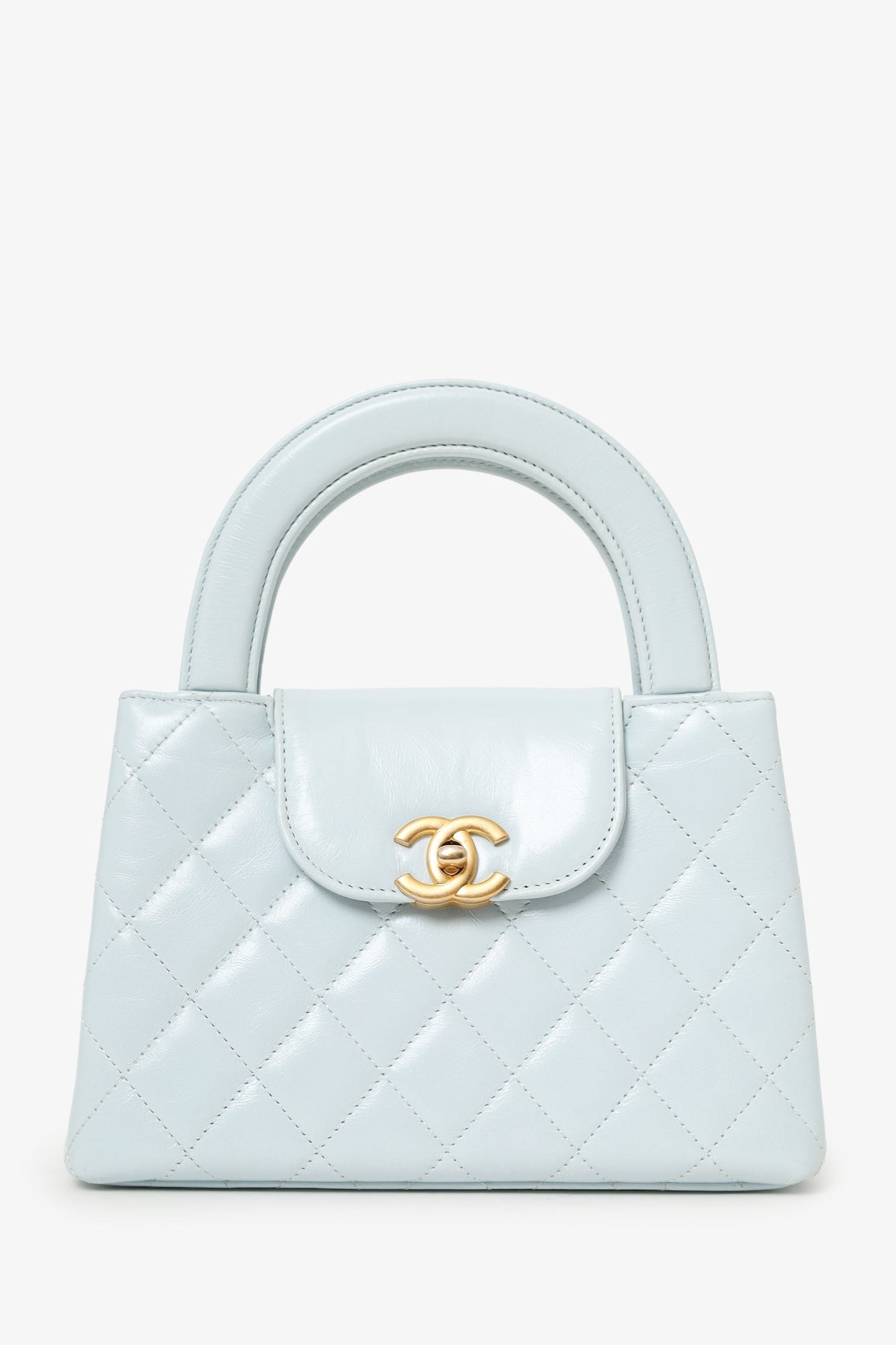 Chanel™ 2024 Baby Blue Shiny Aged Calfskin Quilted Mini Kelly Shopper