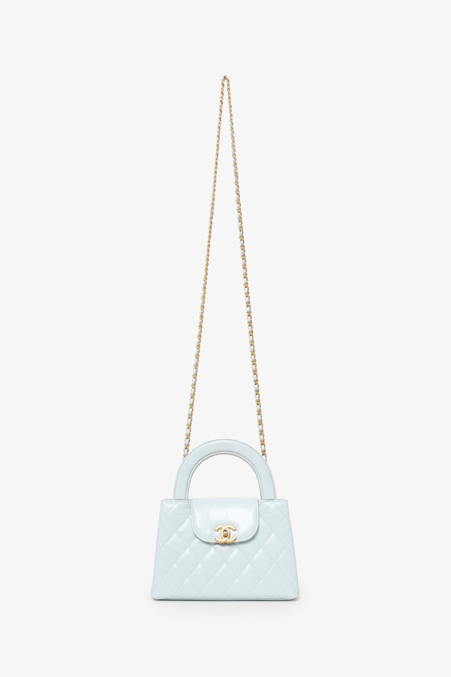 Chanel™ 2024 Baby Blue Shiny Aged Calfskin Quilted Mini Kelly Shopper