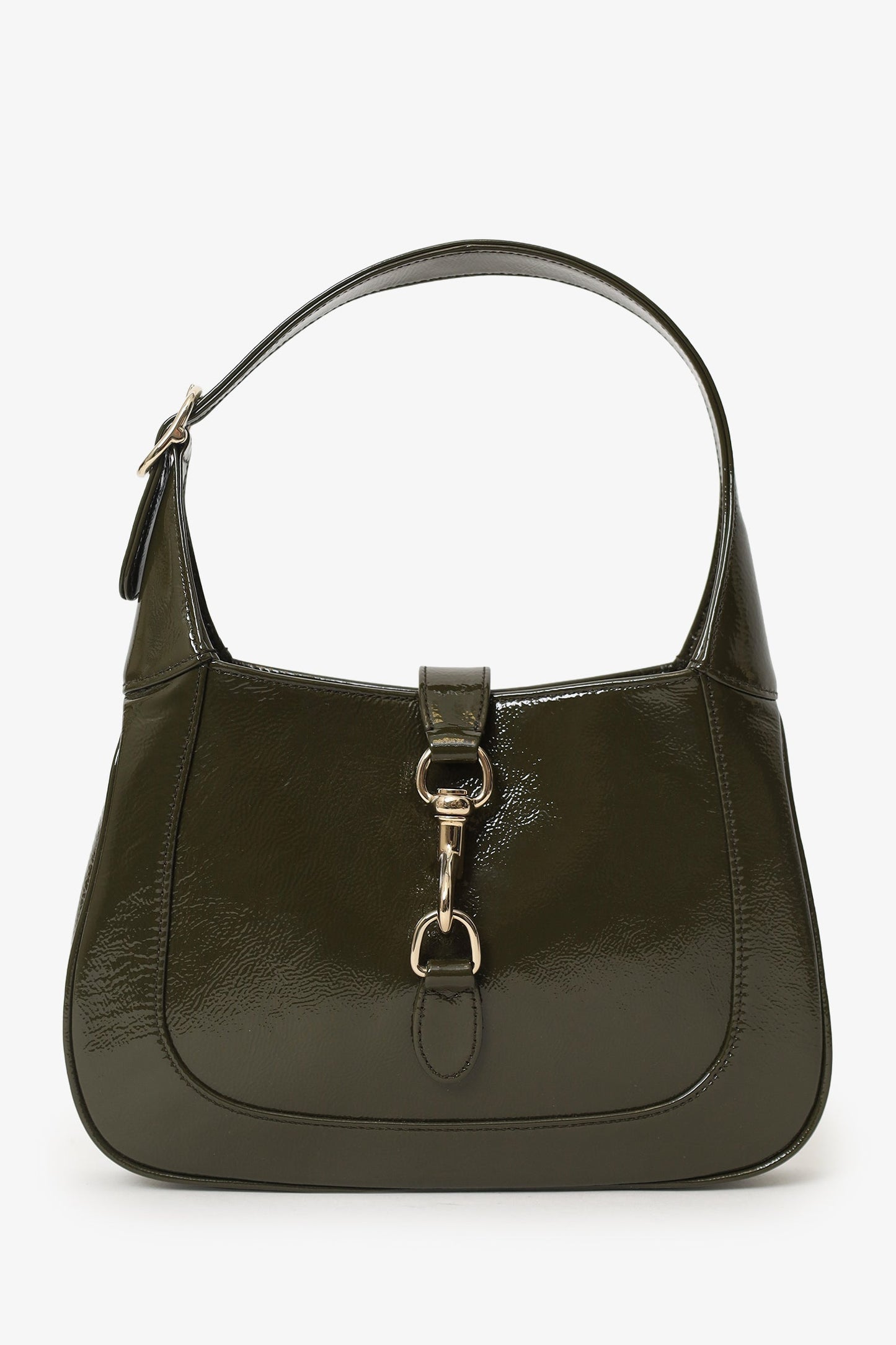 Gucci Khaki Green Patent Leather Small Jackie Bag With Web Strap