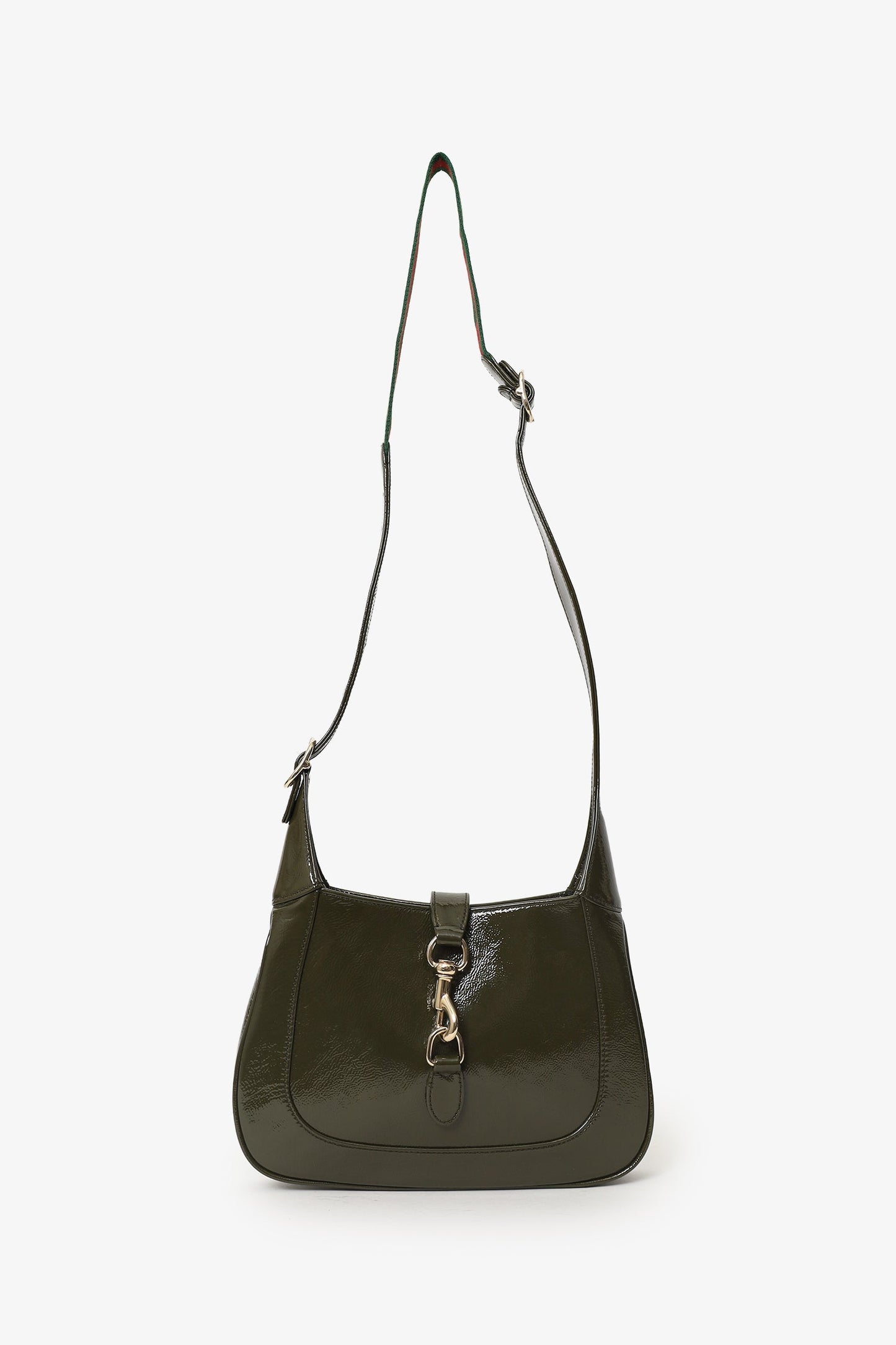 Gucci Khaki Green Patent Leather Small Jackie Bag With Web Strap