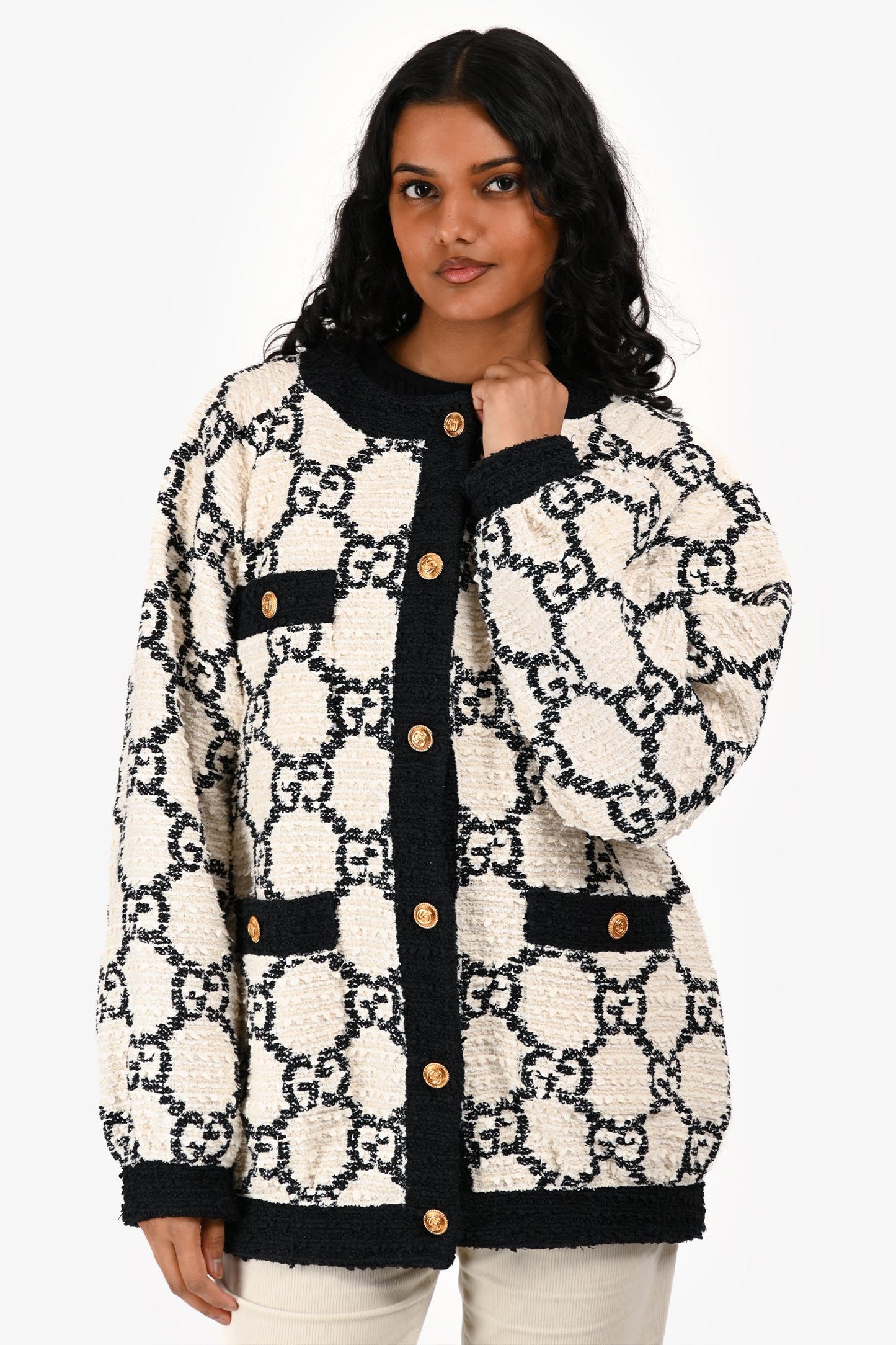 Gucci 2019 White/Black GG Supreme Oversize Tweed Jacket Size 36