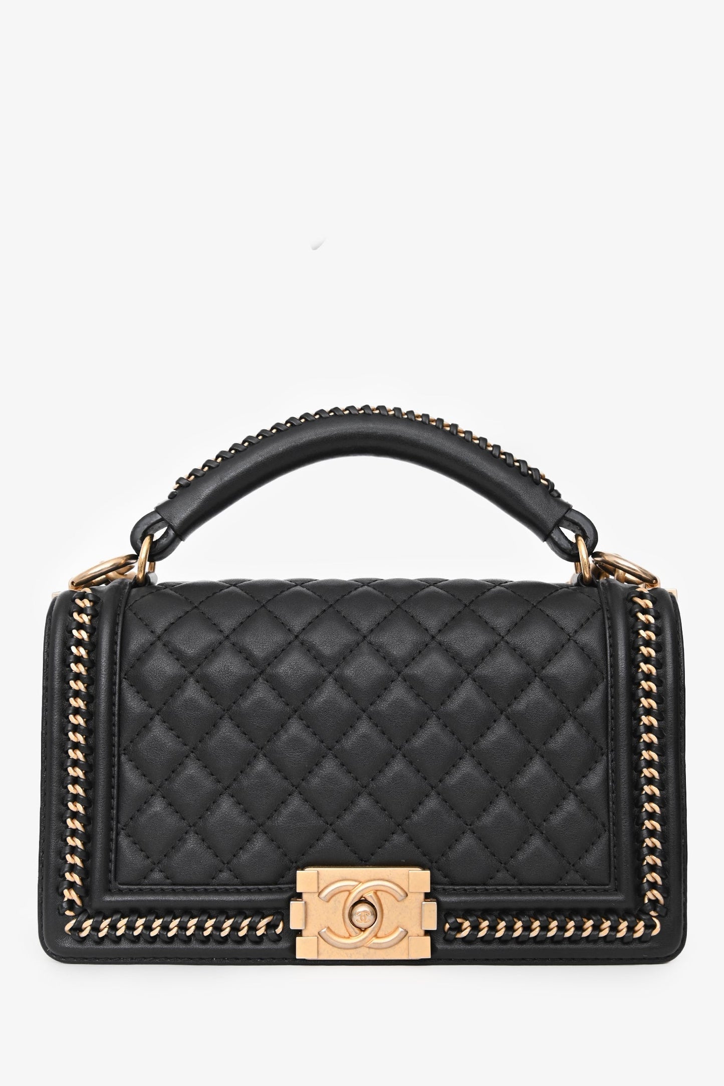 Chanel™ 2016/17 Black Quilted Leather Medium Chain Top Handle Bag