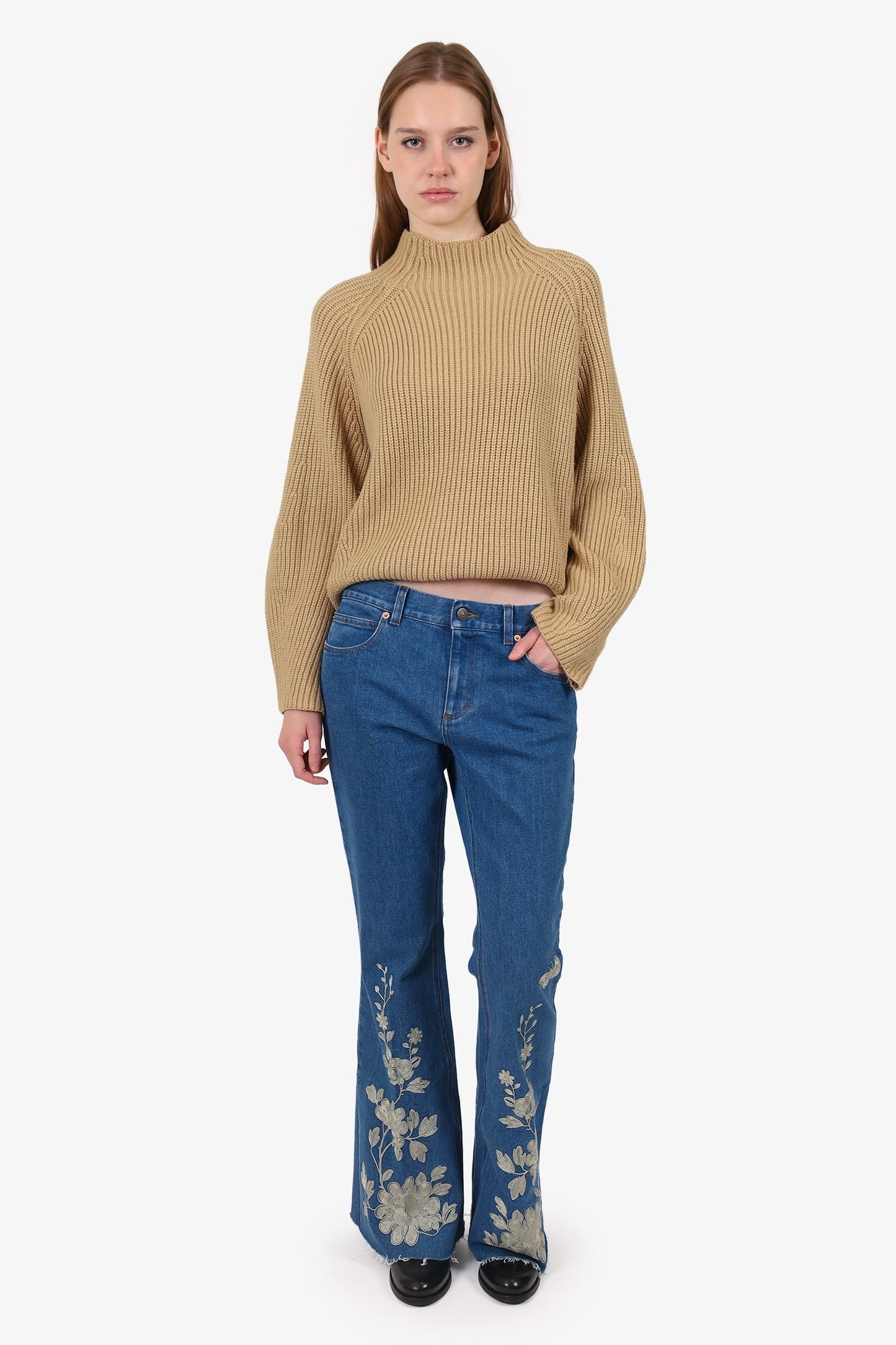 Gucci Blue Mid-Rise Wide Leg Gold Embroidered Jeans Size 29