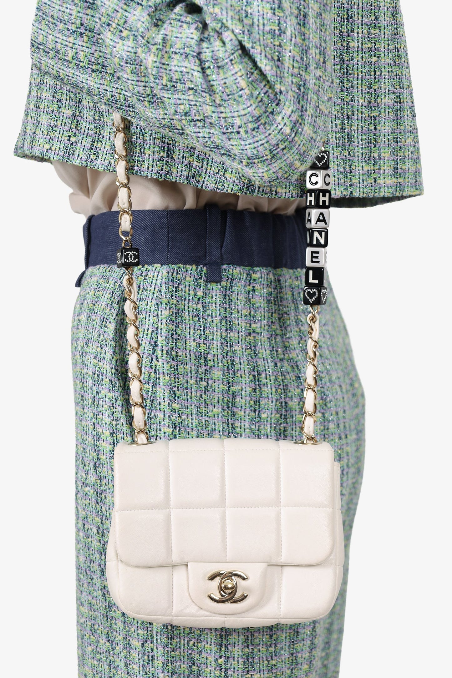 Chanel™ 2023 White Quilted Lambskin Resin Crystal Monacoco Mini Square Flap Bag