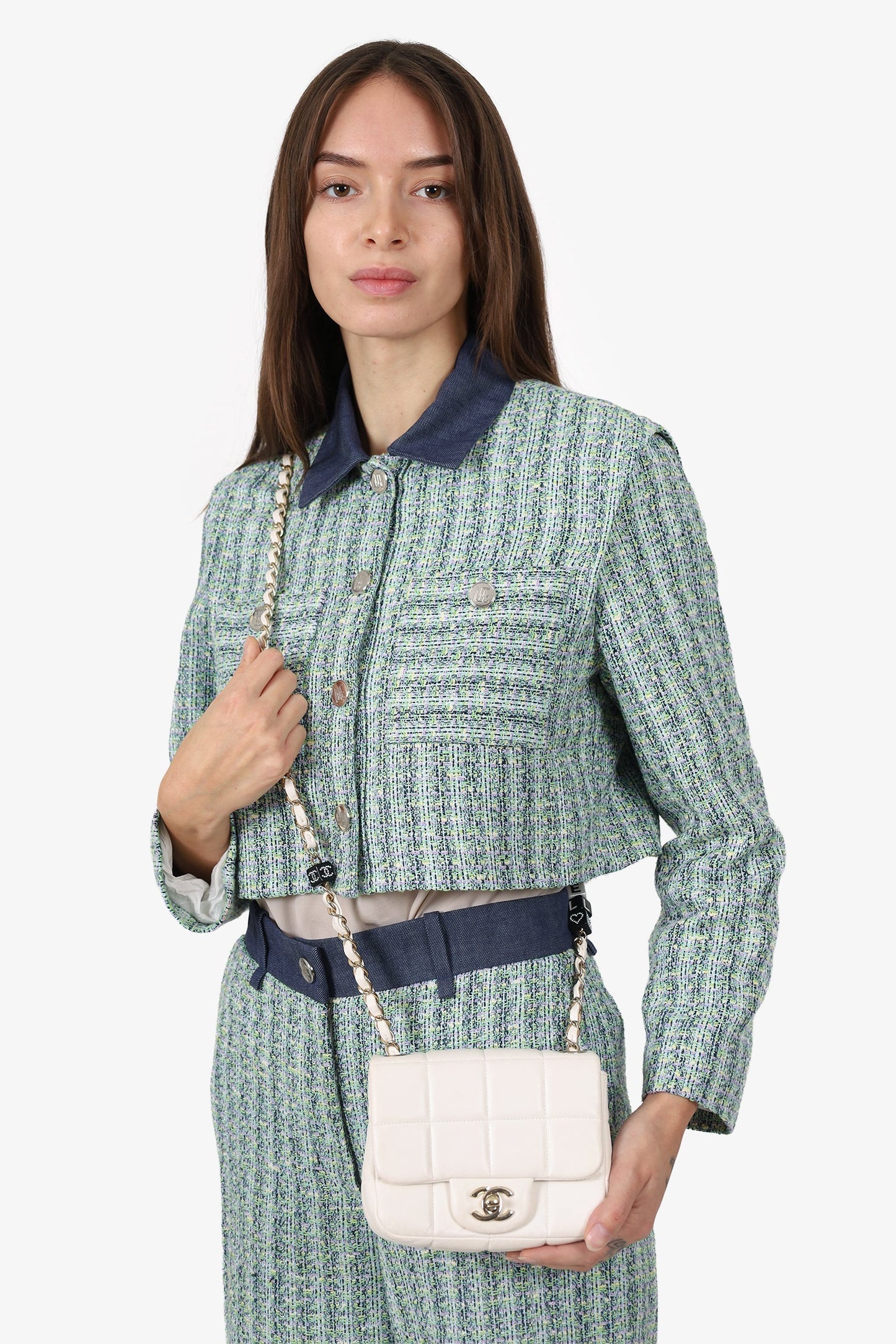 Chanel™ 2023 White Quilted Lambskin Resin Crystal Monacoco Mini Square Flap Bag