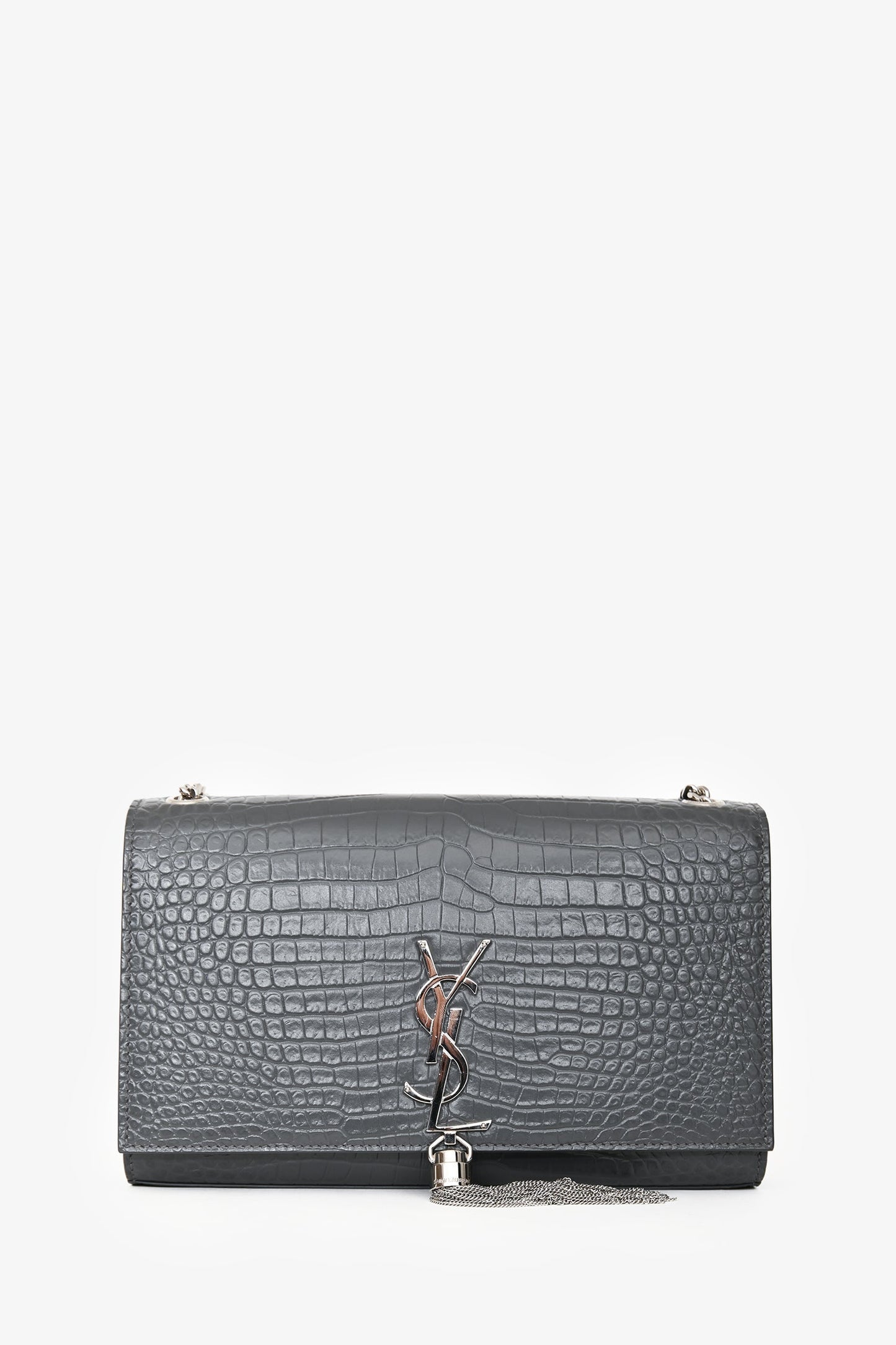 Saint Laurent Grey Croc Embossed Medium 'Kate' Shoulder Bag