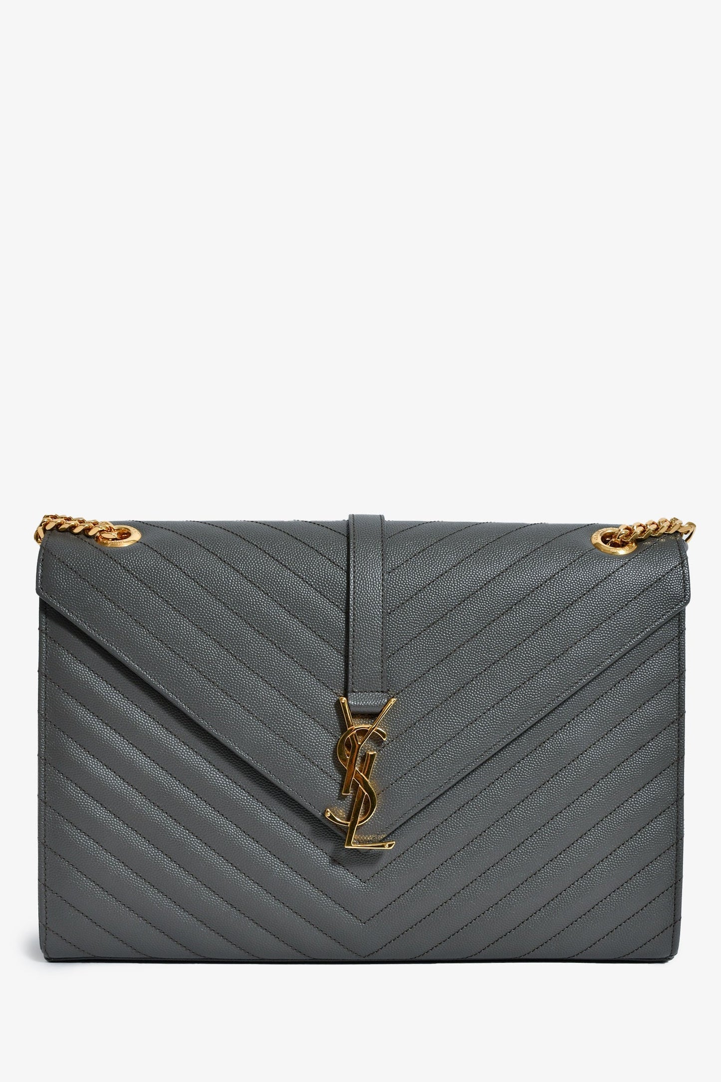 Saint Laurent Grey Chevron Leather Envelope Large Chain Shoulder Bag