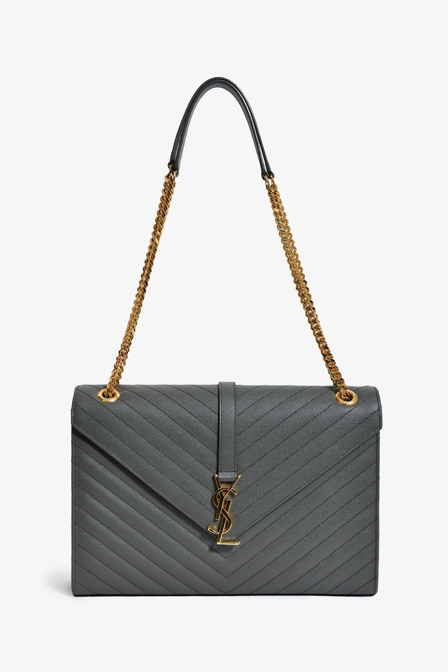 Saint Laurent Grey Chevron Leather Envelope Large Chain Shoulder Bag