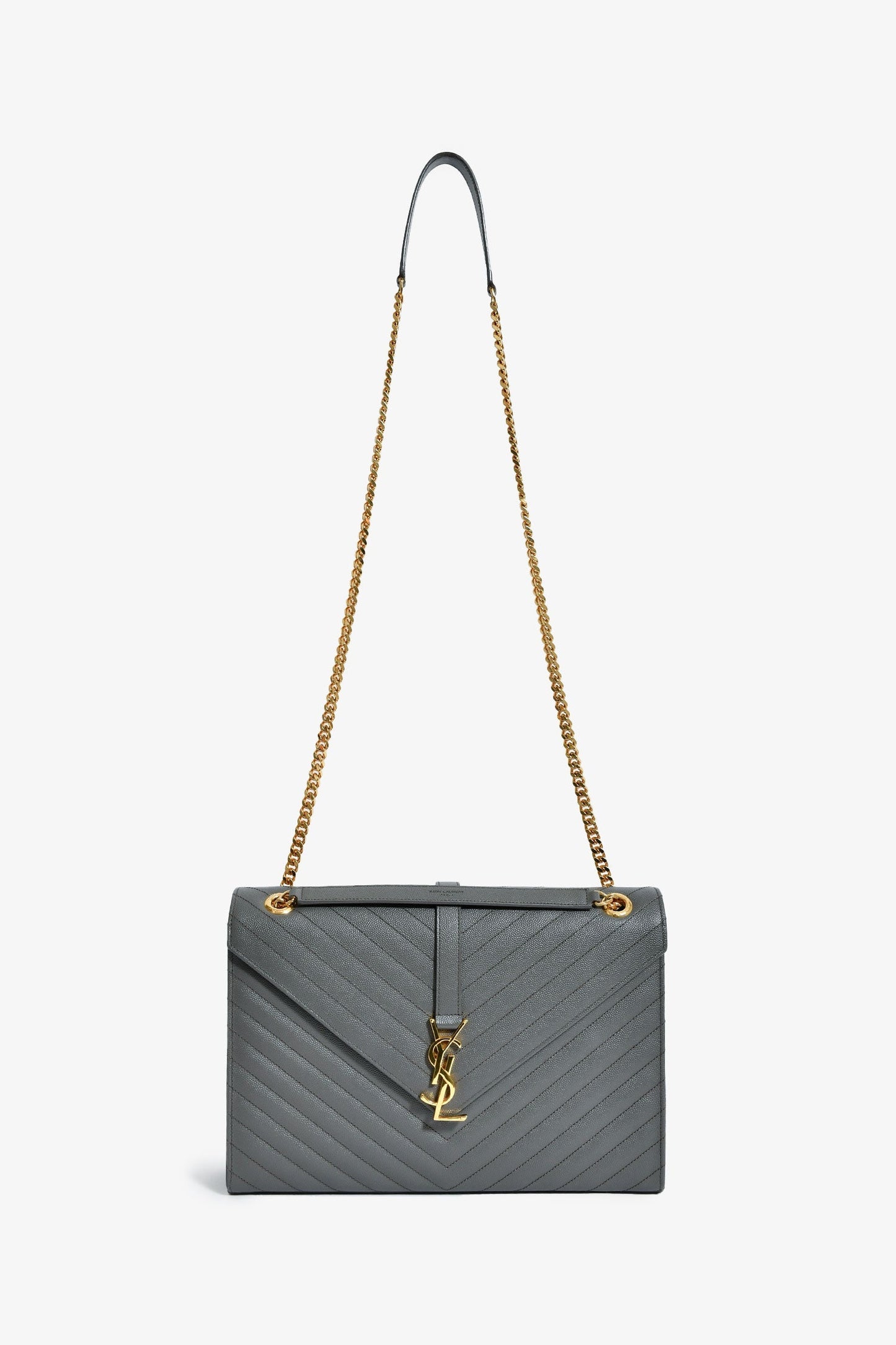 Saint Laurent Grey Chevron Leather Envelope Large Chain Shoulder Bag